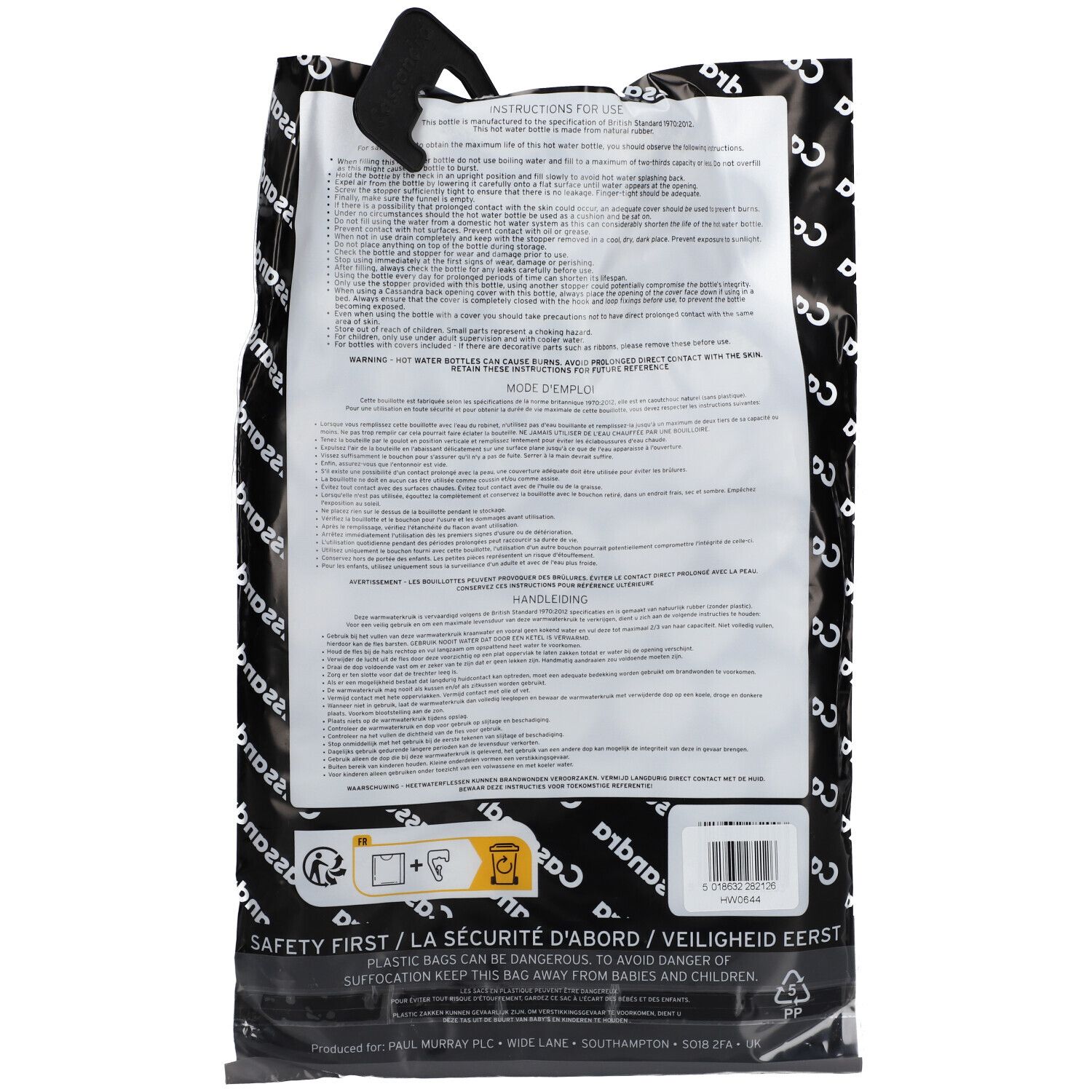 Achterkant van de verpakking met gebruiksaanwijzing en barcode. Merk Cassandra.