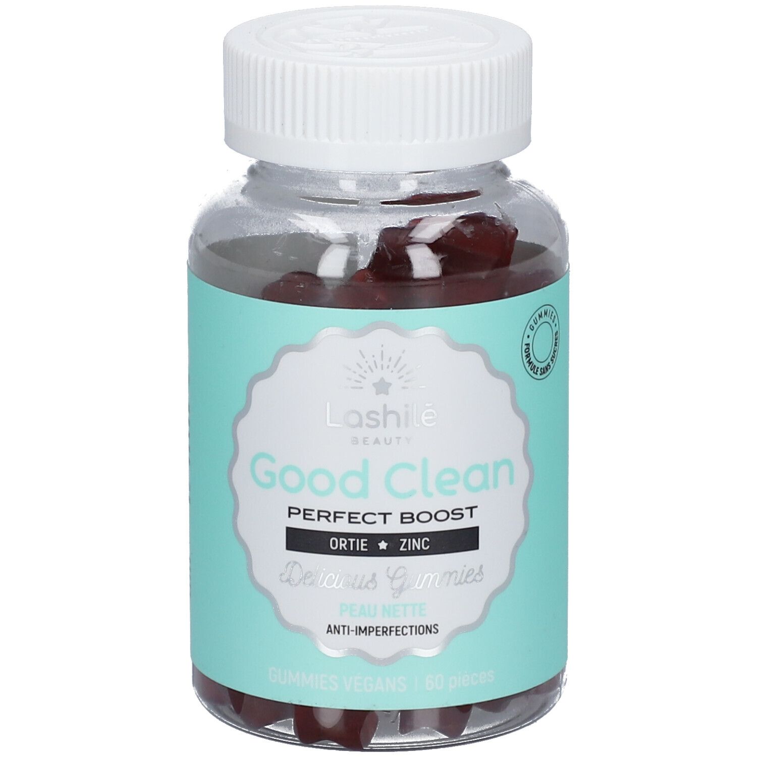 Flacon transparent avec bouchon blanc. Étiquette avec nom et logo du produit. Gummies rouges visibles.