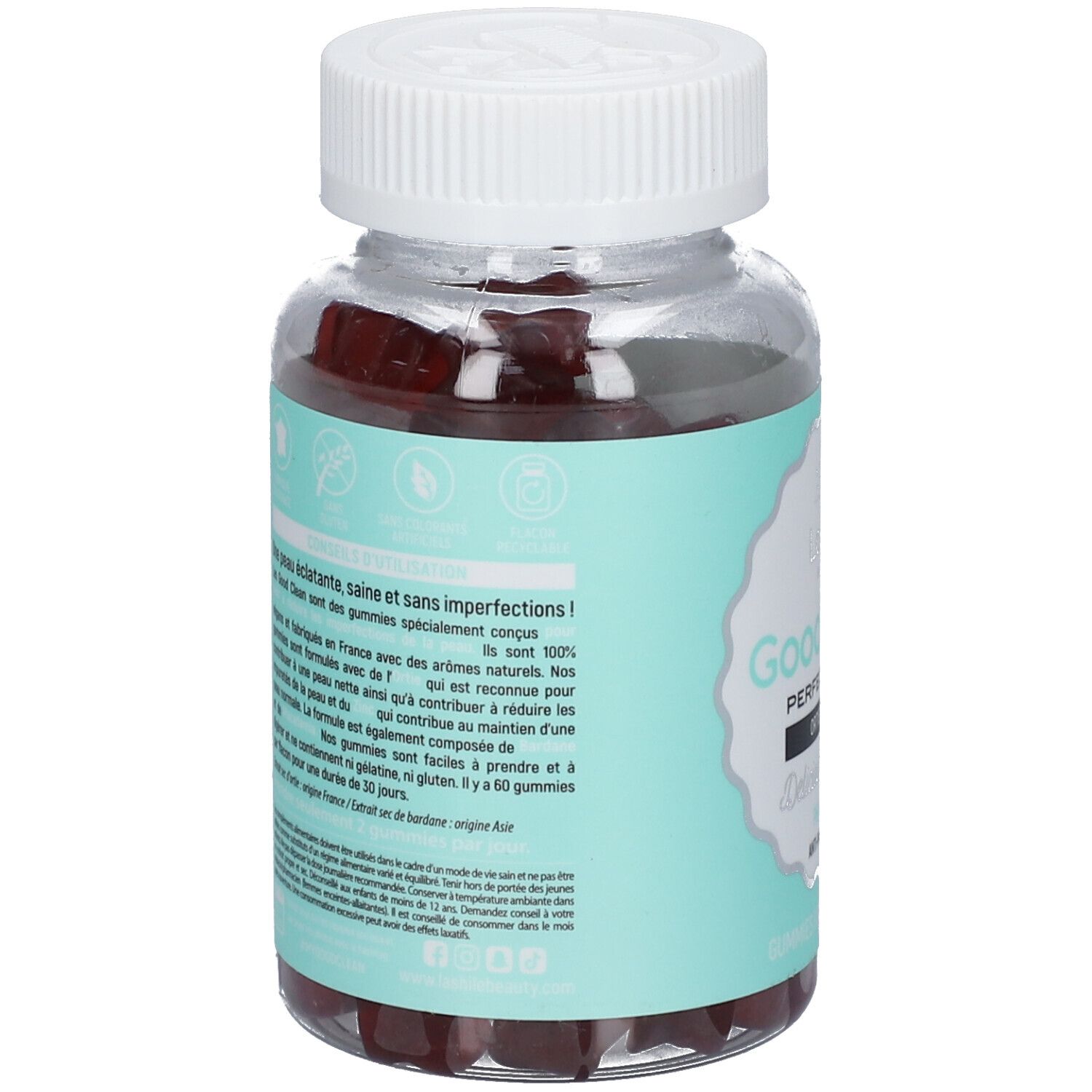 Vue arrière d'un flacon transparent avec bouchon blanc. Étiquette avec texte. Gummies rouges visibles.