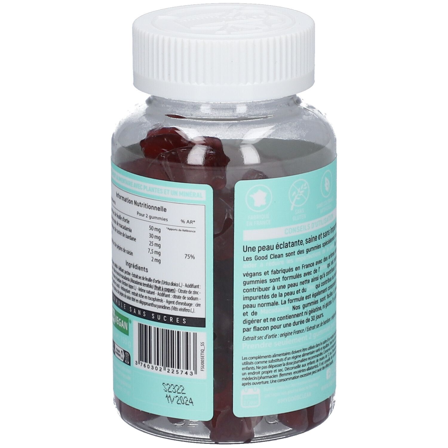Vue arrière d'un flacon transparent avec bouchon blanc. Étiquette avec informations nutritionnelles. Gummies rouges.