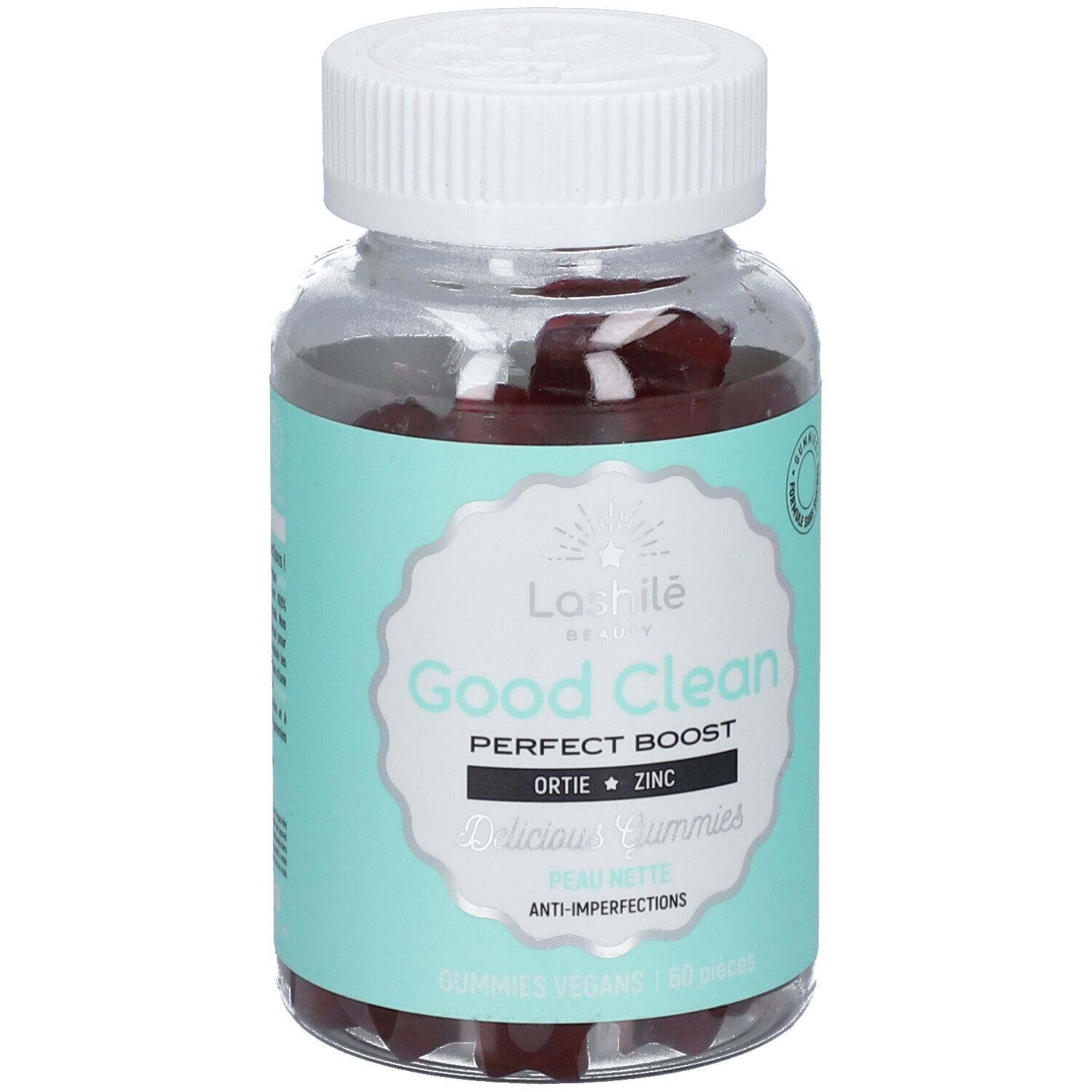 Flacon transparent avec bouchon blanc. Étiquette avec nom et logo du produit. Gummies rouges visibles.