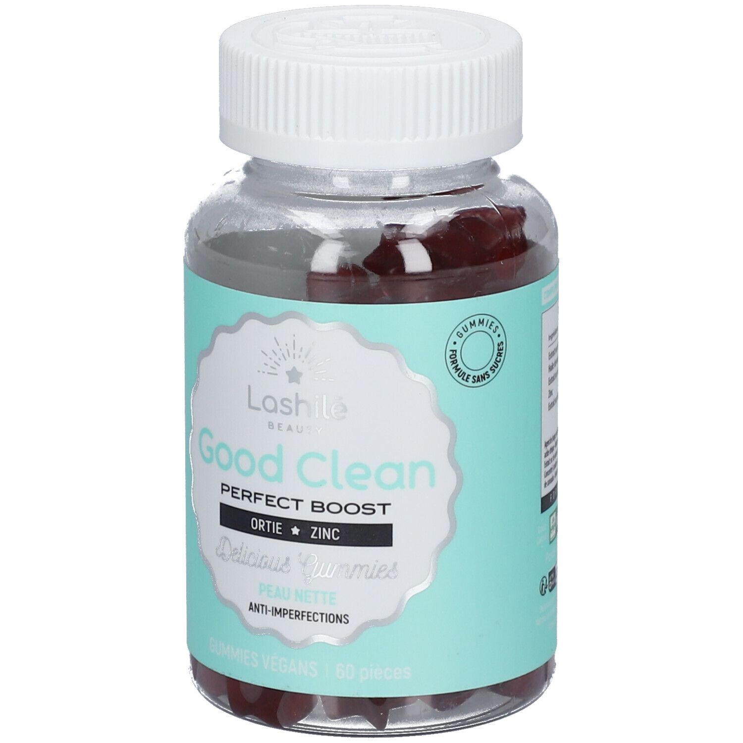 Flacon transparent avec bouchon blanc. Étiquette avec nom et logo du produit. Gummies rouges visibles.
