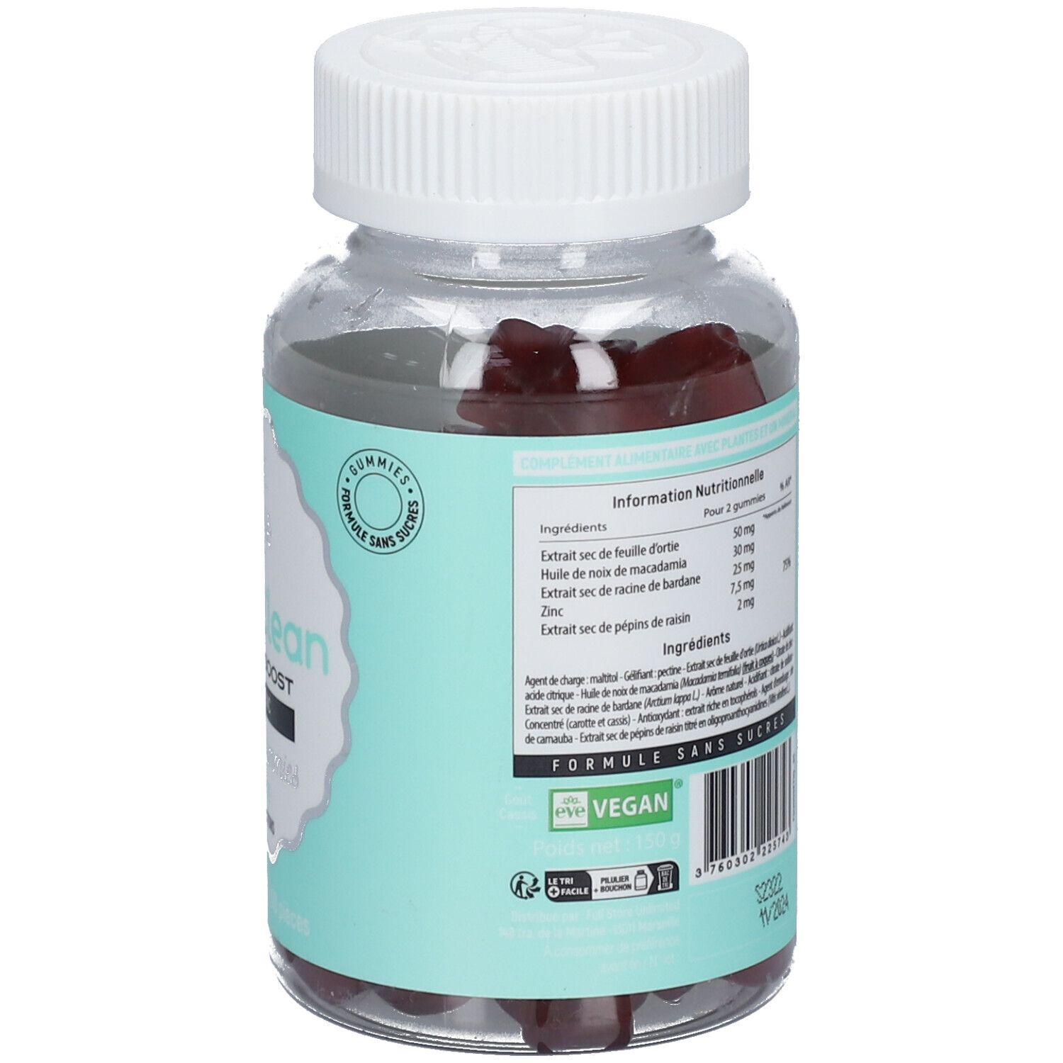 Vue arrière d'un flacon transparent avec bouchon blanc. Étiquette avec informations nutritionnelles. Gummies rouges.
