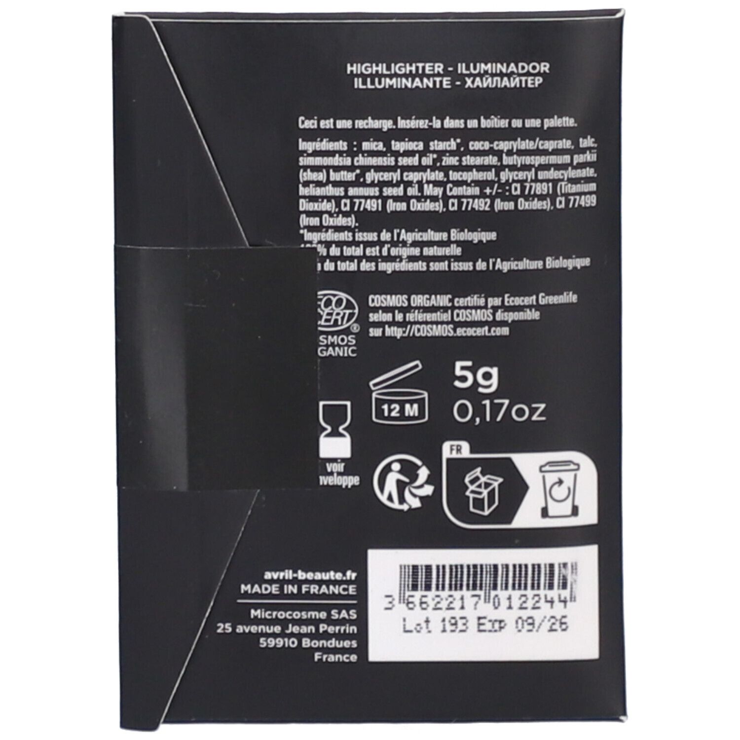 Dos de l'emballage. Ingrédients, certification COSMOS ORGANIC, 5g, 0,17oz. Durée 12M. Fabriqué en France.
