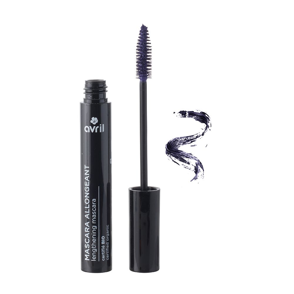 Schwarze Mascarabürste mit lila Borsten neben Mascarastrich. Schwarze Mascaratube mit Text: MASCARA ALLONGEANT lengthening mascara.