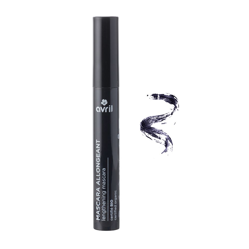 Schwarze Mascaratube mit Text: MASCARA ALLONGEANT lengthening mascara. Marke: avril. Zertifiziert Bio.
