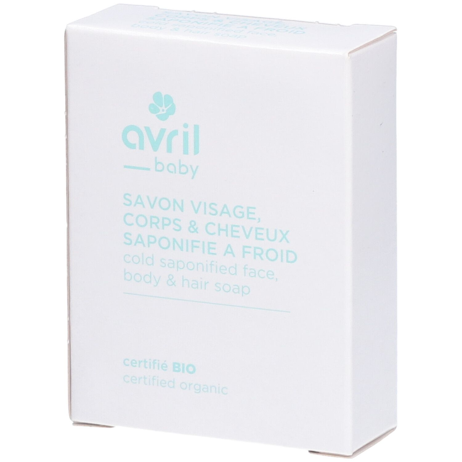 Witte kartonnen verpakking. Opschrift: avril baby, Savon Visage, Corps & Cheveux, Saponifié à Froid, gecertificeerd BIO.