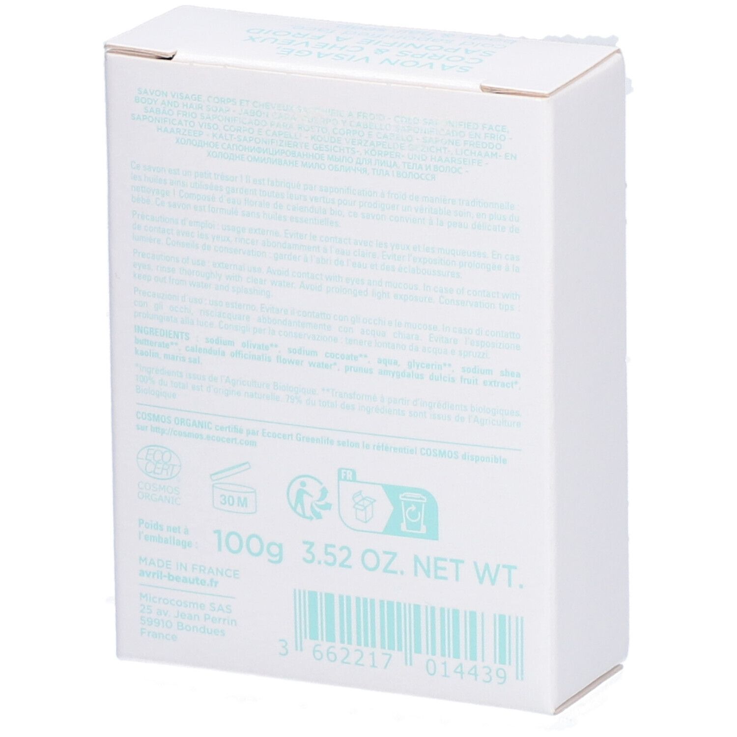 Achterkant van de witte kartonnen verpakking. Tekst: ingrediënten, 100g, 3.52 OZ. NET WT., MADE IN FRANCE, certificering.