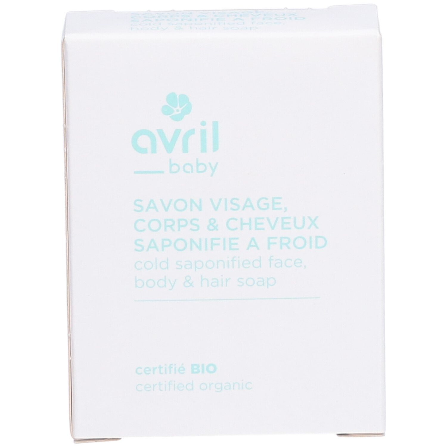 Witte kartonnen verpakking. Opschrift: avril baby, Savon Visage, Corps & Cheveux, Saponifié à Froid, gecertificeerd BIO.