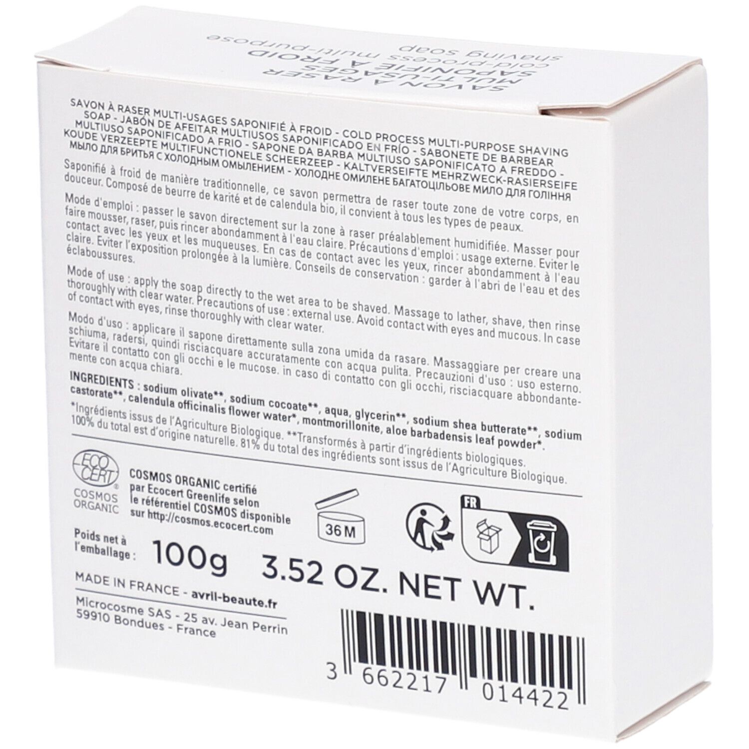 Achterkant van de witte kartonnen verpakking. Tekst: ingrediënten, 100g, 3.52 OZ. NET WT. COSMOS ORGANIC-certificering. Gemaakt in Frankrijk.