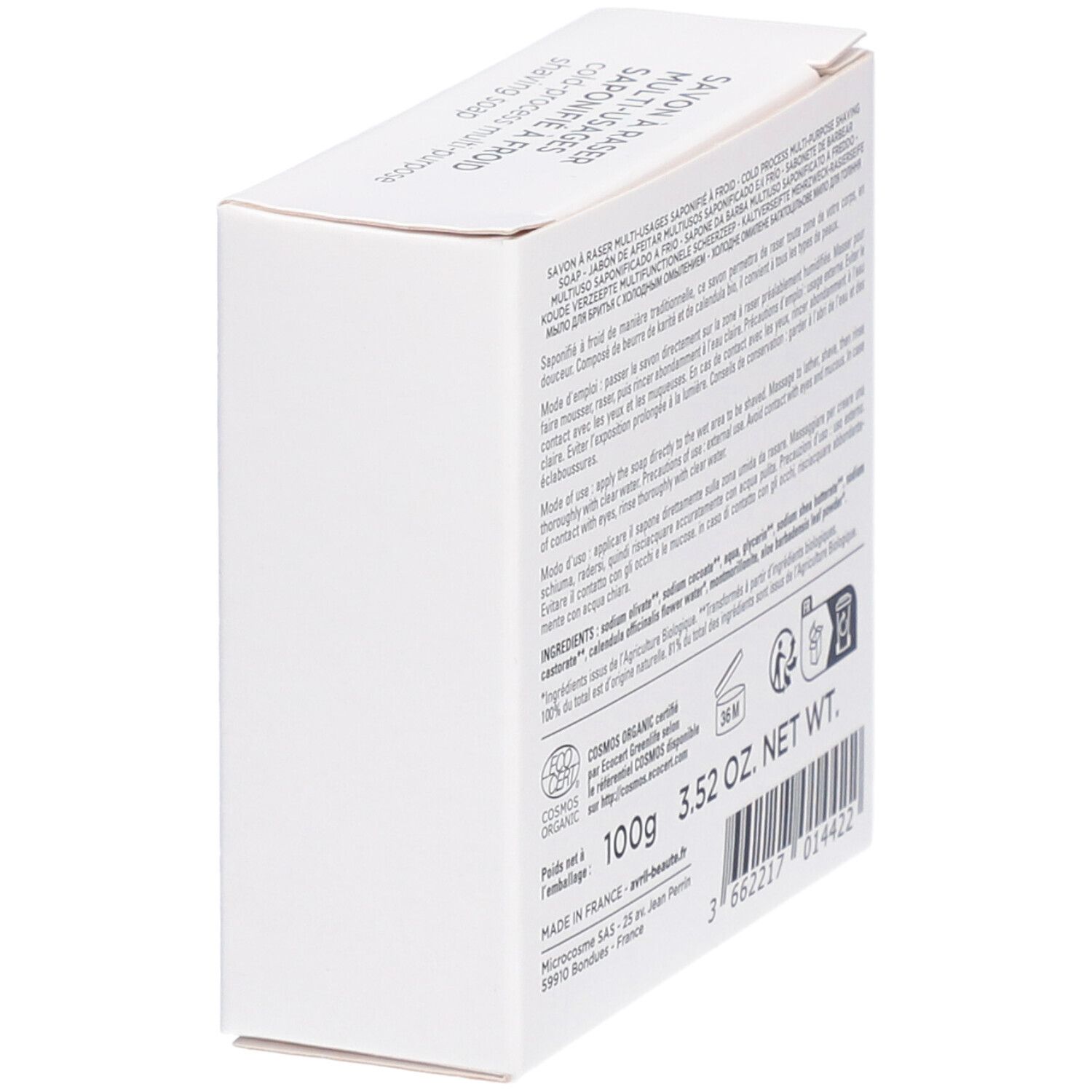 Witte kartonnen verpakking, schuin. Achterkant met tekst: ingrediënten, 100g, 3.52 OZ. NET WT. COSMOS ORGANIC-certificering. Gemaakt in Frankrijk.