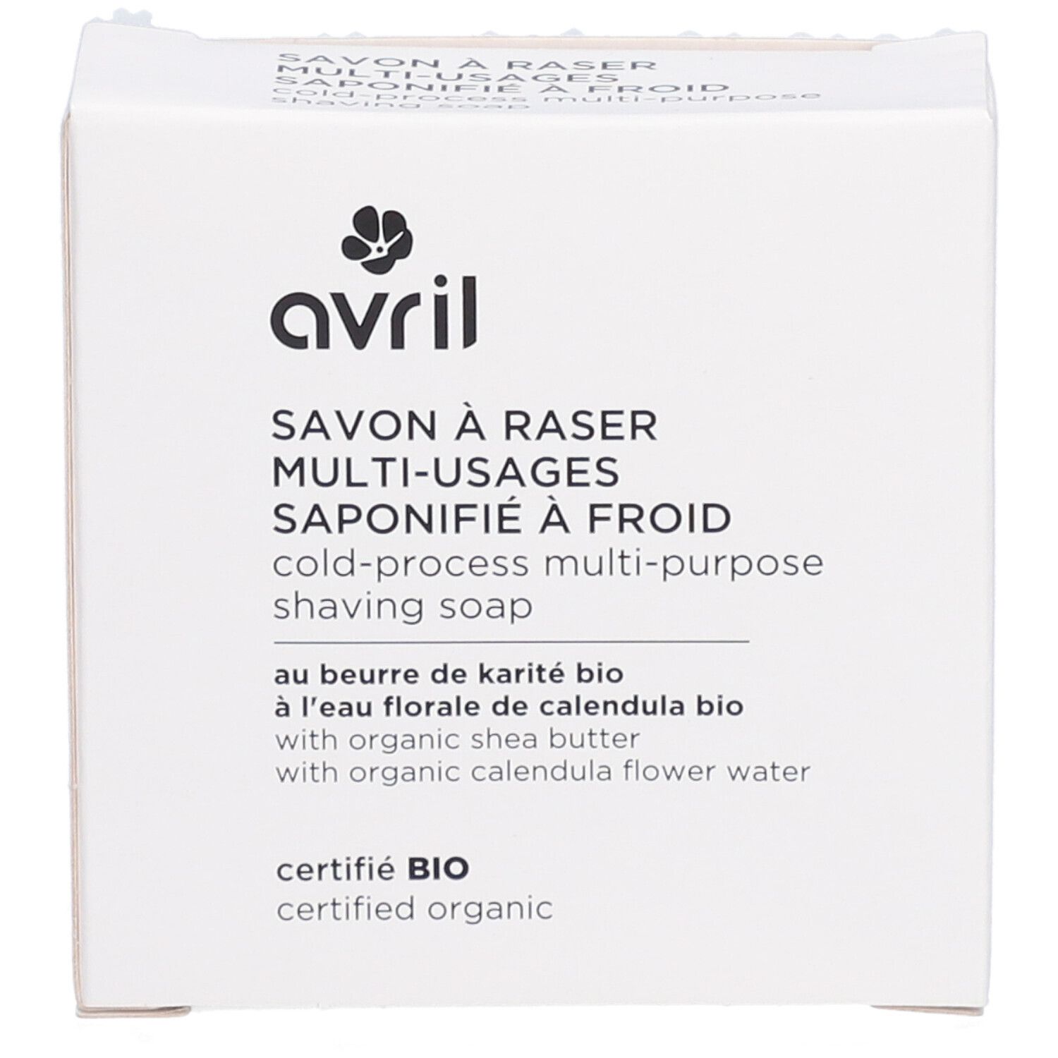 Witte kartonnen verpakking. Opschrift: avril, Savon à raser multi-usages, saponifié à froid, cold-process multi-purpose shaving soap. Bio-certificering.