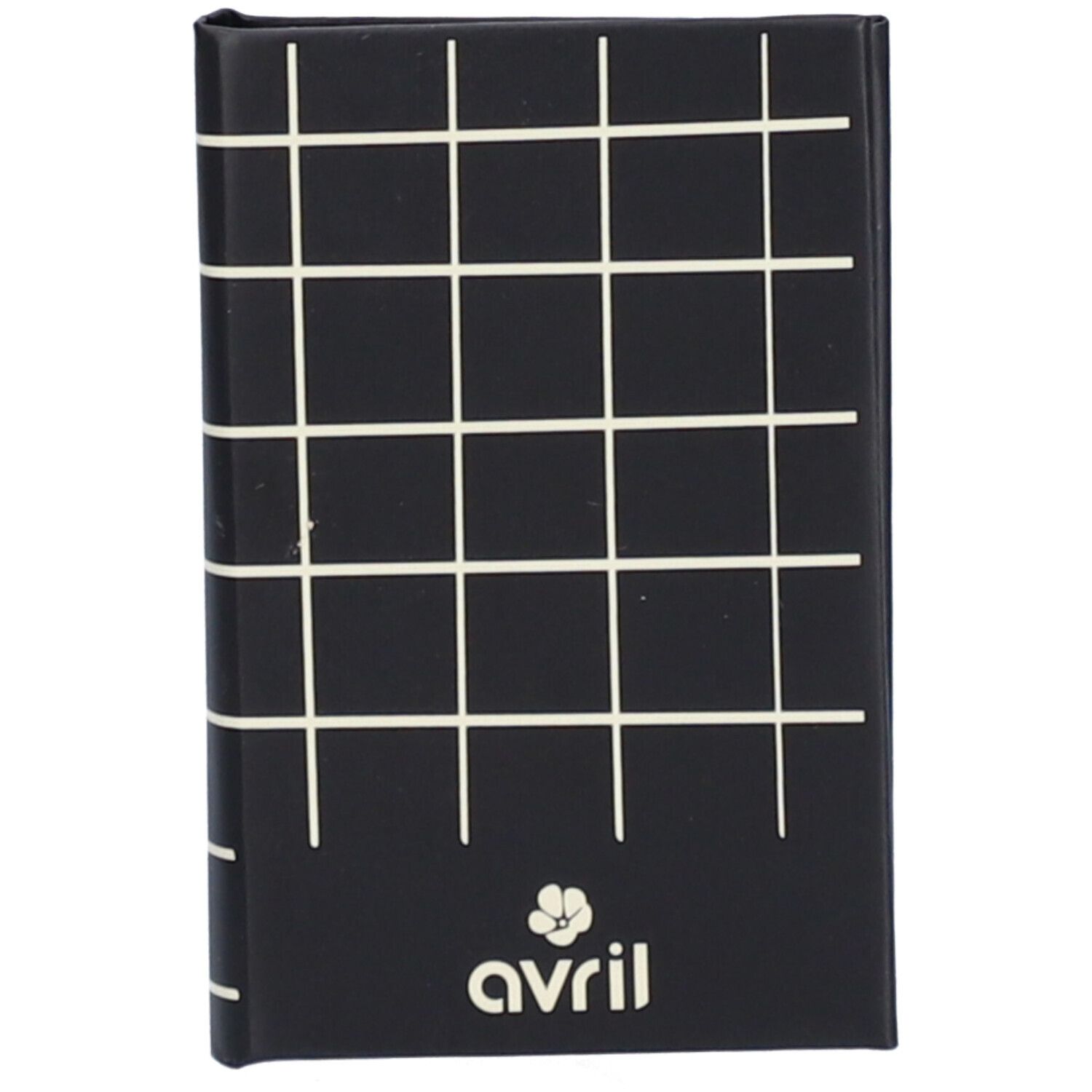 Schwarze, quadratisch strukturierte Palette mit weißem Gittermuster. Unten: Logo 'avril'.
