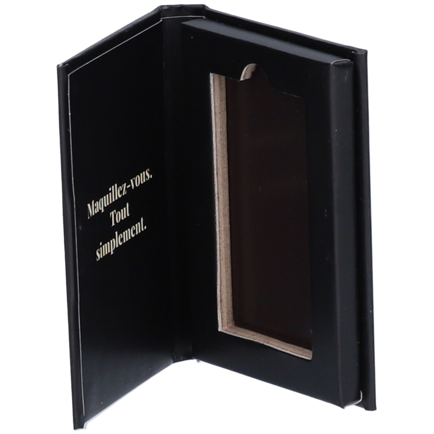 Geöffnete schwarze Palette. Innen: Aussparung für Produkt. Text: 'Maquillez-vous. Tout simplement.'