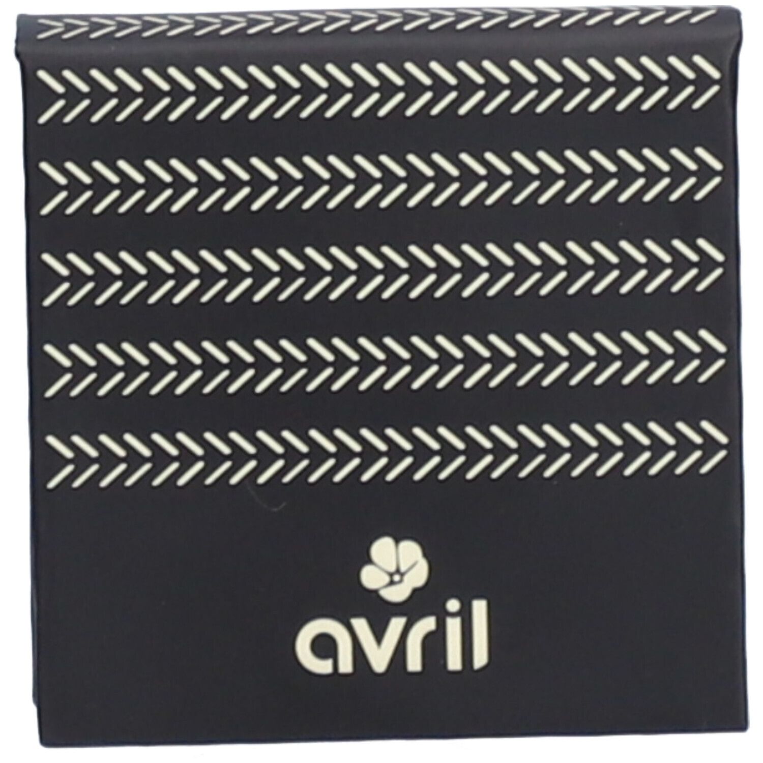 Schwarzer Setzkasten mit weißem Zickzackmuster. Unten Logo 'avril' und Blume.