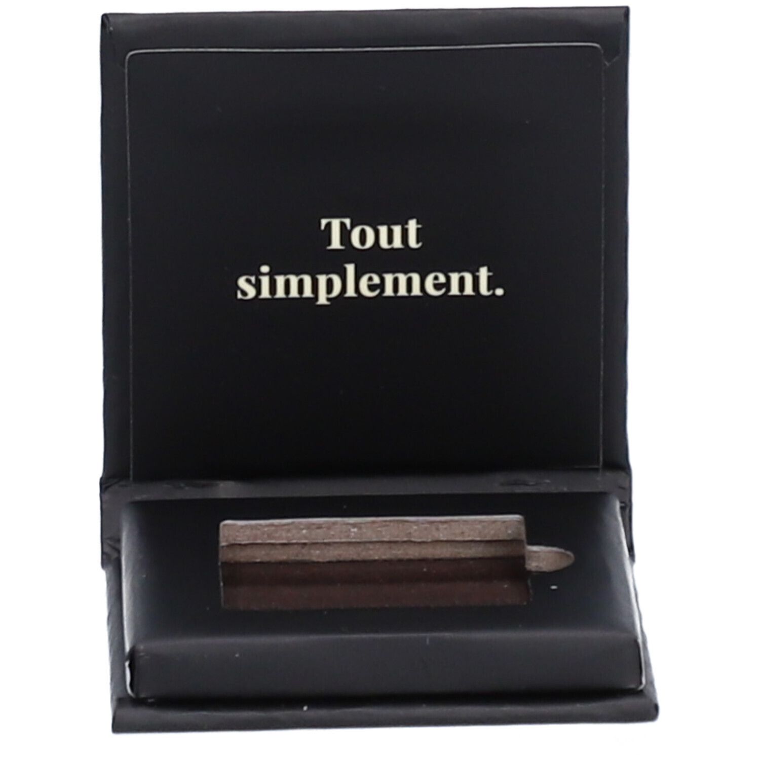 Geöffnete schwarze Schachtel mit Text 'Tout simplement.' und Produkt.
