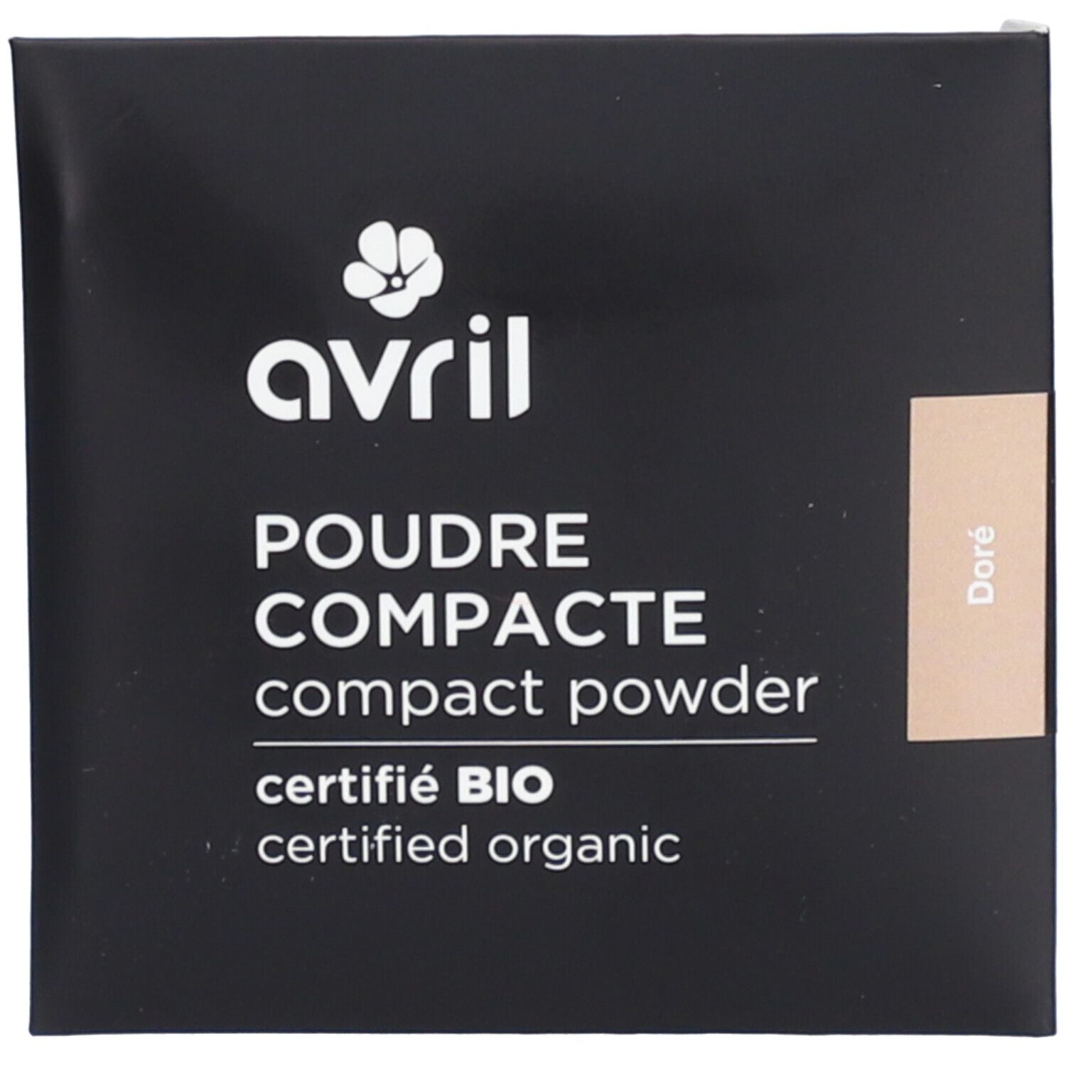 Kompaktpuder-Verpackung. Schwarzer Karton mit weißem 'avril'-Logo und Text. 'Poudre Compacte' und 'certifié BIO' sind sichtbar.