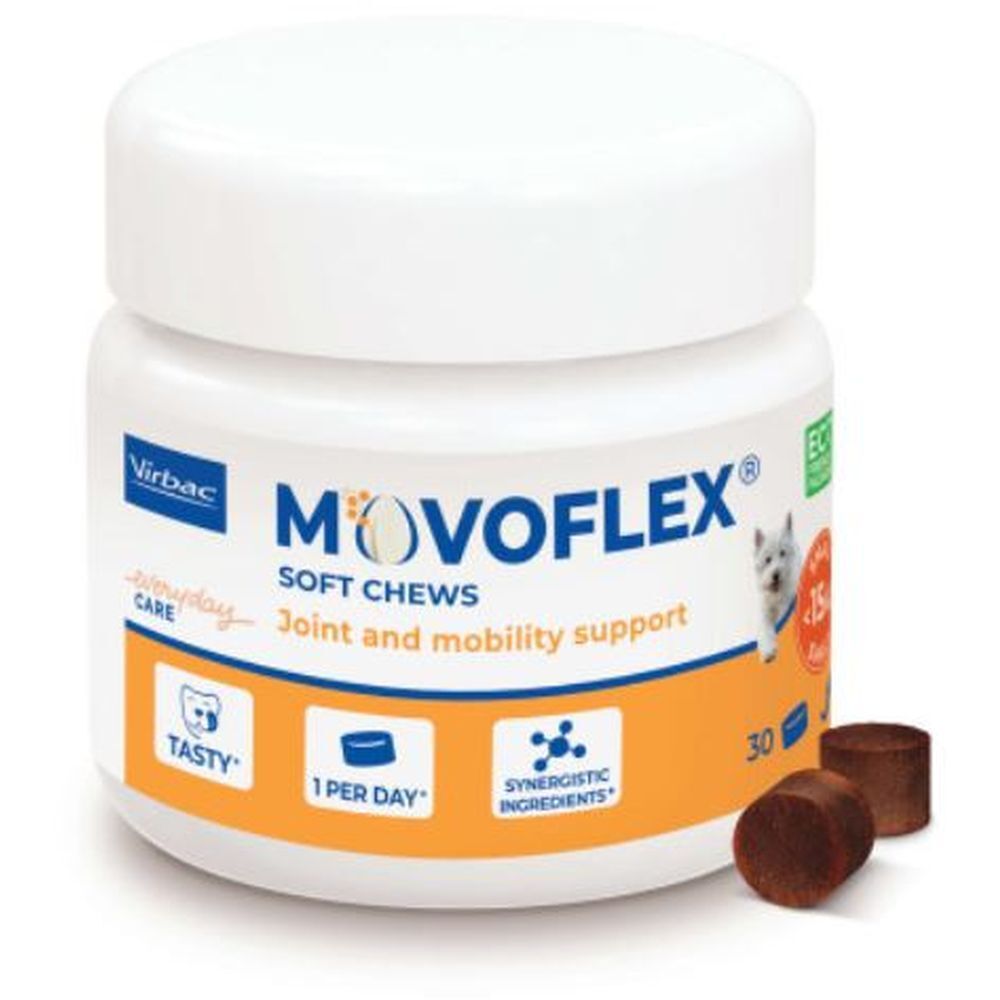 Weißes Produktglas mit Deckel. Aufschrift MOVOFLEX, Soft Chews, Gelenk- und Mobilitätsunterstützung. Braune Tabletten daneben.