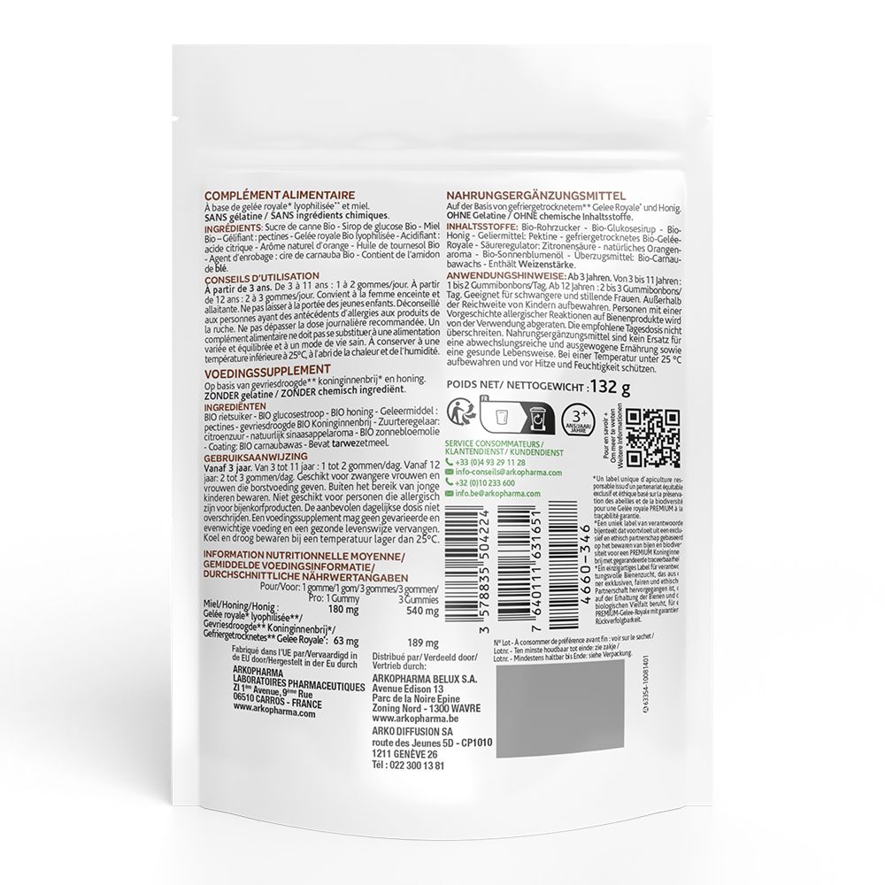 Dos du sachet avec informations produit. Textes en français, néerlandais et allemand. Poids net: 132 g. Code QR.