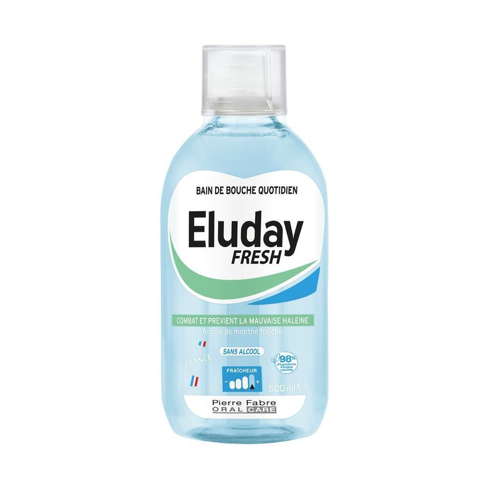 Bain de bouche Eluday Fresh, liquide bleu clair en flacon transparent. Bouchon blanc. Inscription: Bain de Bouche Quotidien.