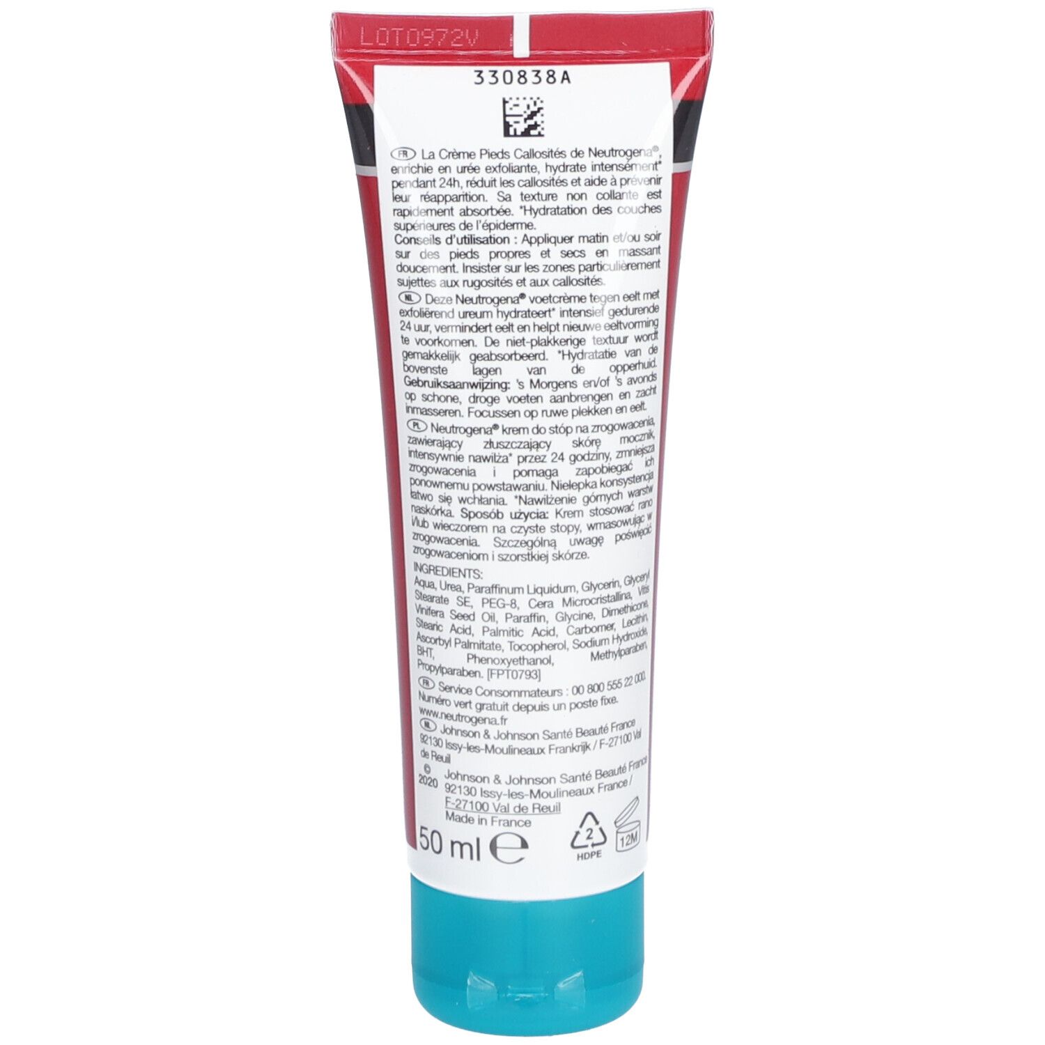 Rückseite der Fußcreme-Tube. Text in mehreren Sprachen. Inhaltsstoffe, Herstellerinformationen und Volumen: 50 ml.