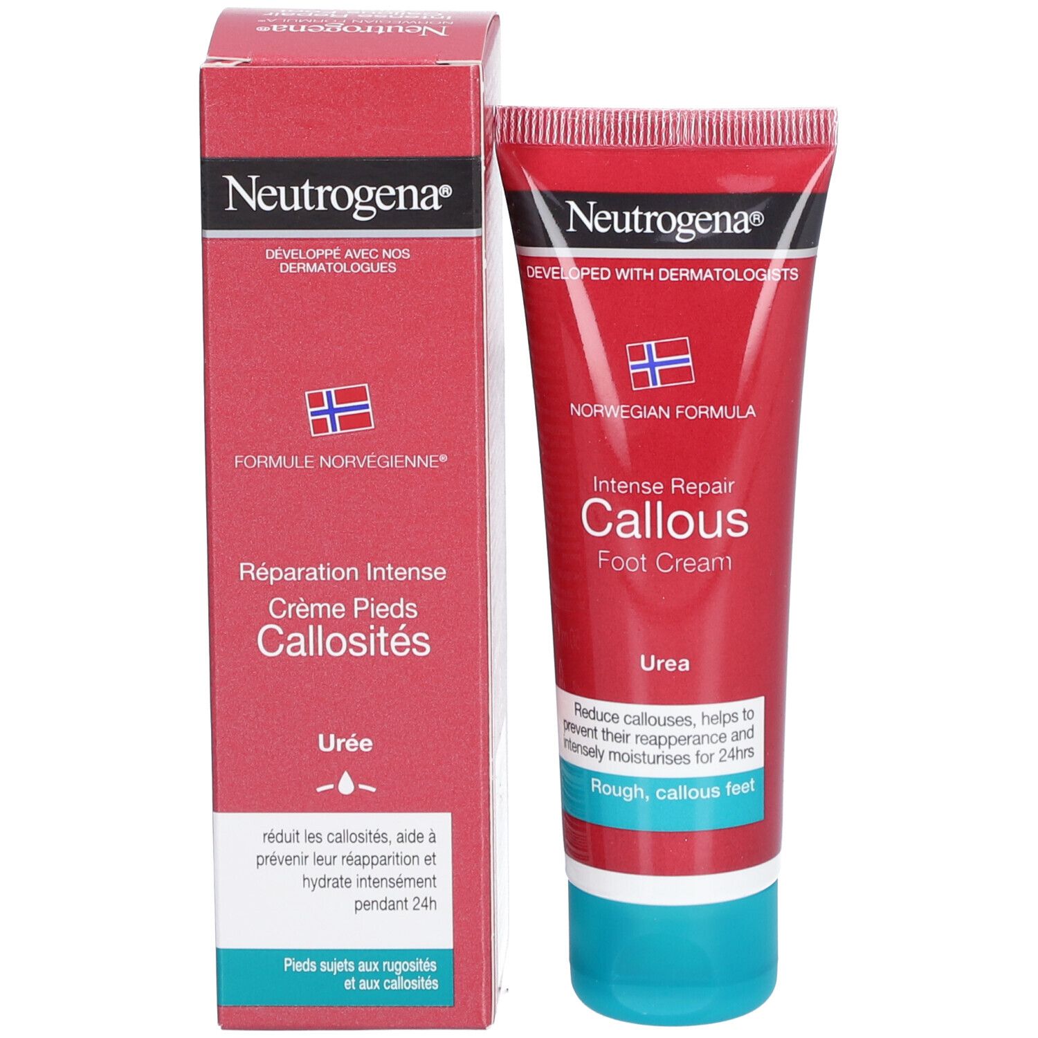 Fußcreme-Tube und Schachtel. Neutrogena, Norwegische Formel, Intense Repair Callous. Mit Urea. Für raue, verhornte Füße.