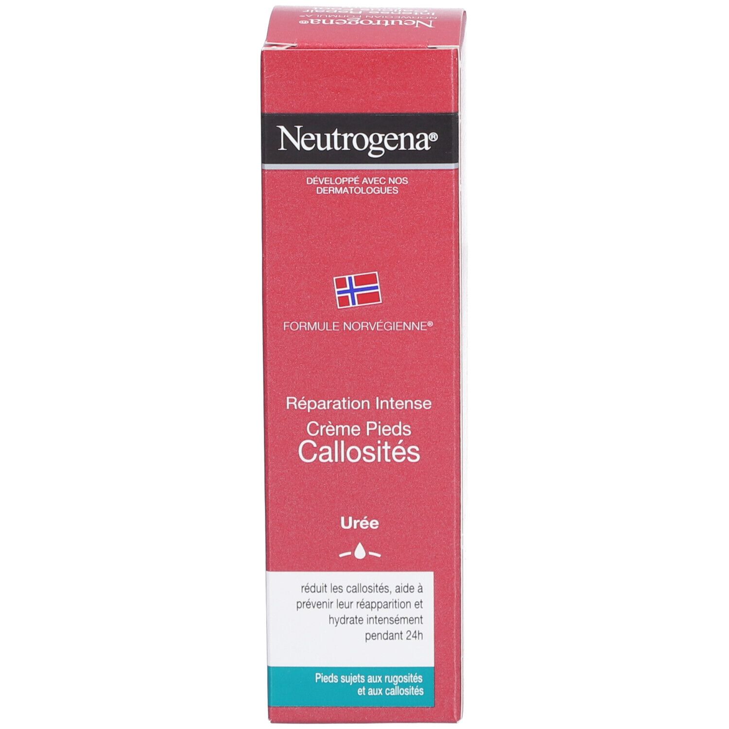 Rote Schachtel. Neutrogena, Norwegische Formel. Creme pieds callosités. Mit Urea. Für raue Füße.