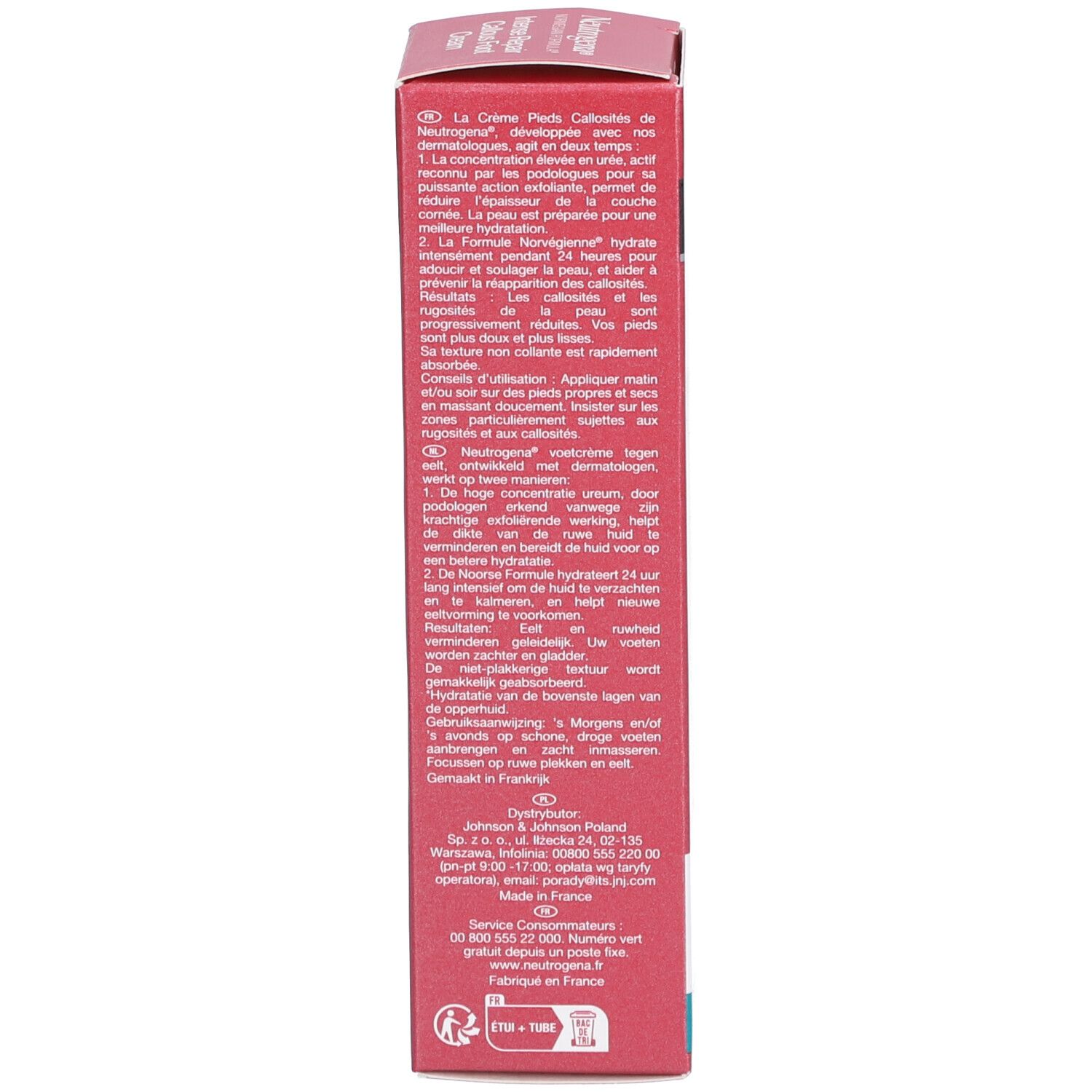 Rückseite der Schachtel. Text in mehreren Sprachen. Informationen zur Anwendung und Inhaltsstoffe. Neutrogena.