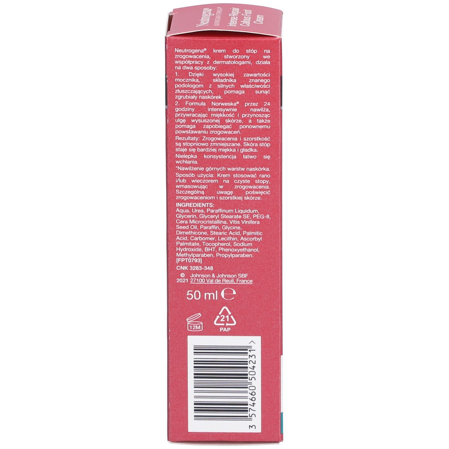 Rückseite der Schachtel. Text in polnischer Sprache. Inhaltsstoffe, Herstellerinformationen und Volumen: 50 ml.