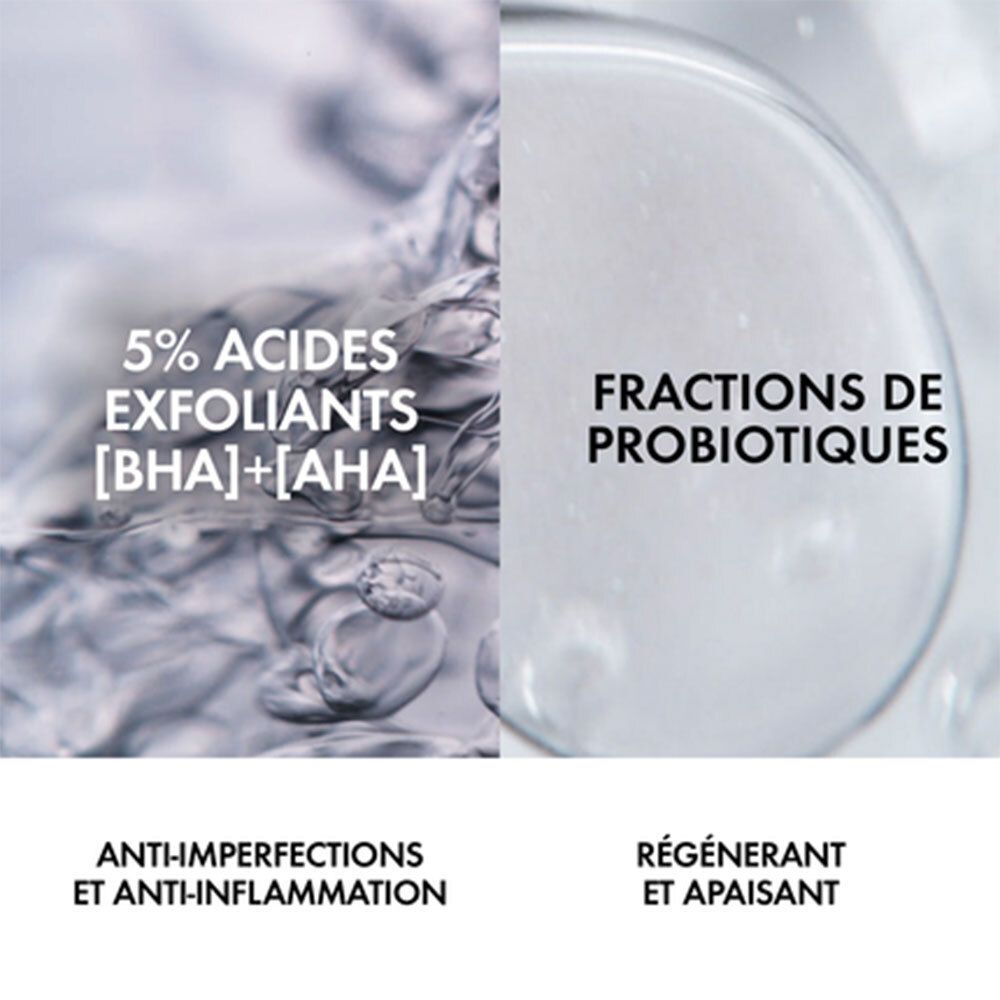 Deux zones avec texte et liquides. Texte : '5% ACIDES EXFOLIANTS [BHA]+[AHA]' et 'FRACTIONS DE PROBIOTIQUES'.