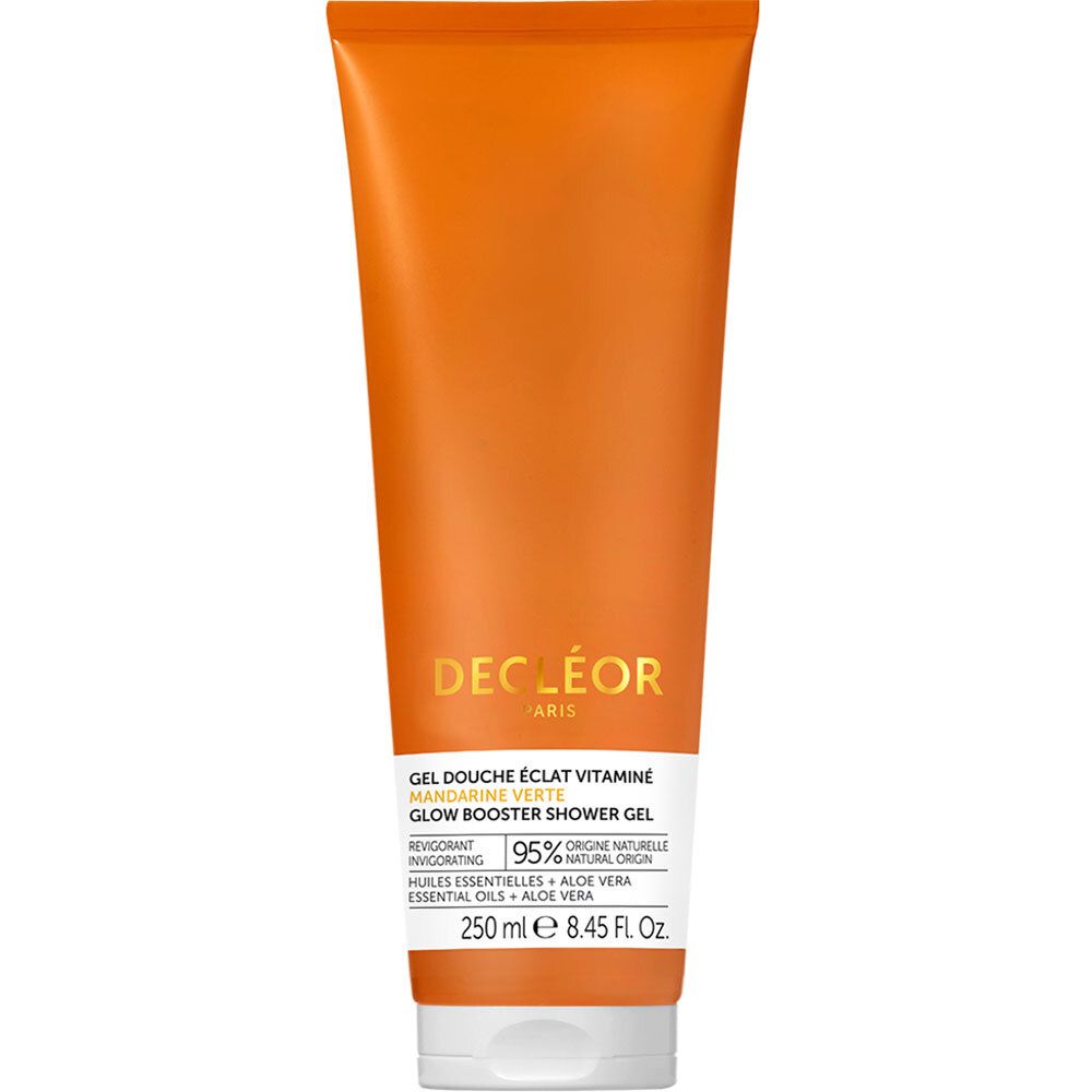 Oranje tube met witte dop. Opschrift: DECLÉOR PARIS, GEL DOUCHE ÉCLAT VITAMINÉ. Tekst: 95% ingrediënten van natuurlijke oorsprong.