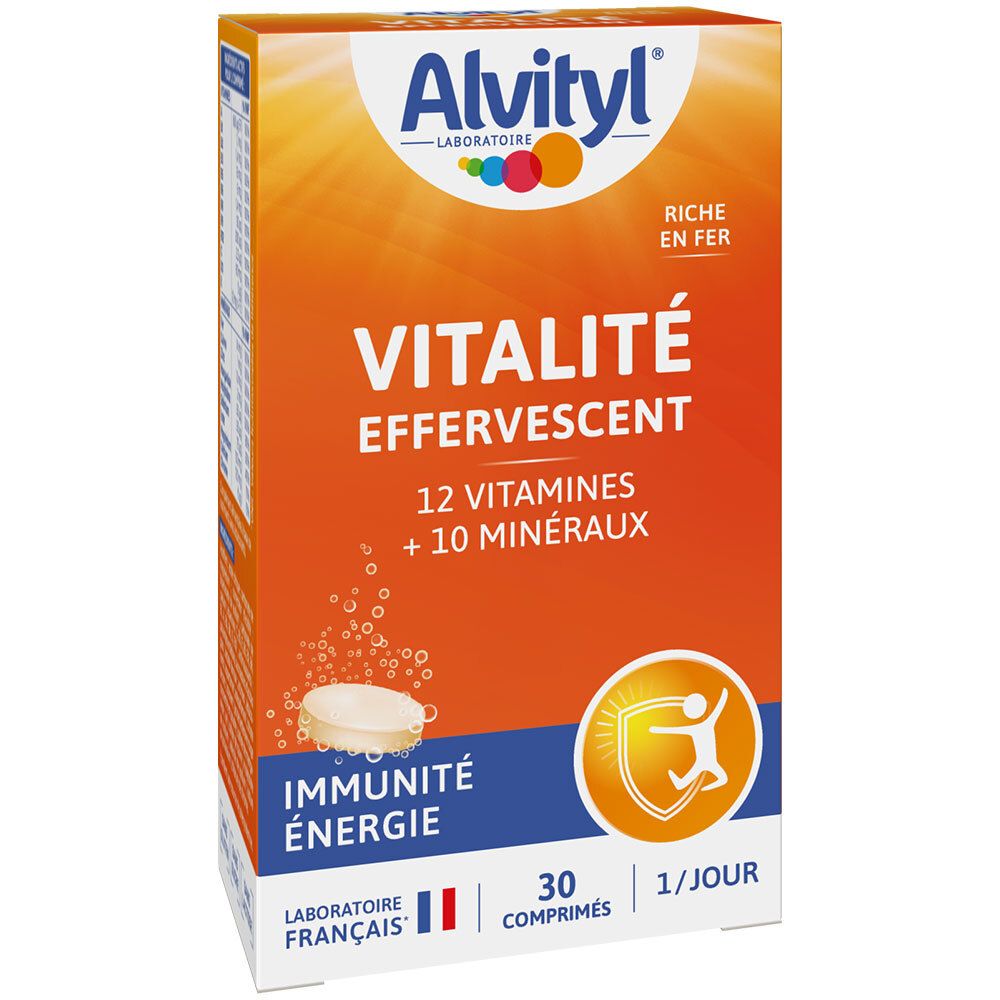 Boîte orange Alvityl Vitalité effervescent. Contient 12 vitamines, 10 minéraux. 30 comprimés.