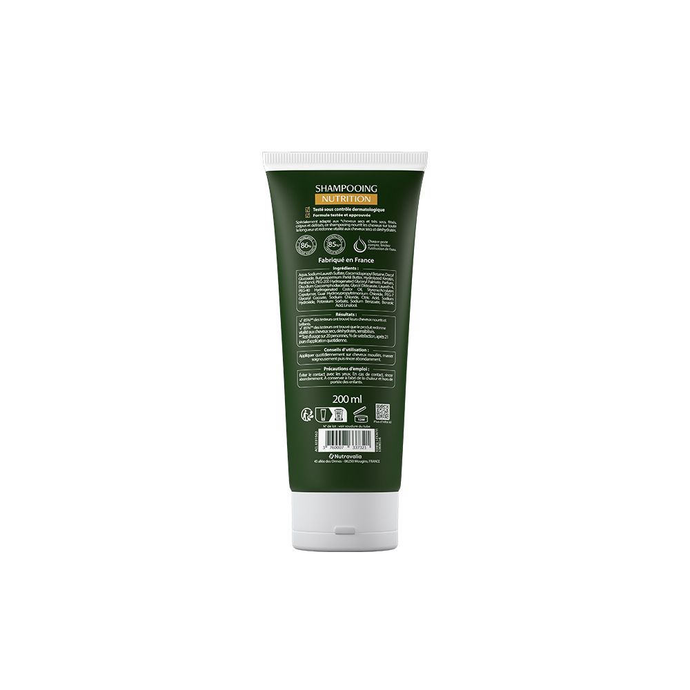 Achterkant van de groene tube. Tekst en logo's. Volume: 200 ml. Gemaakt in Frankrijk.