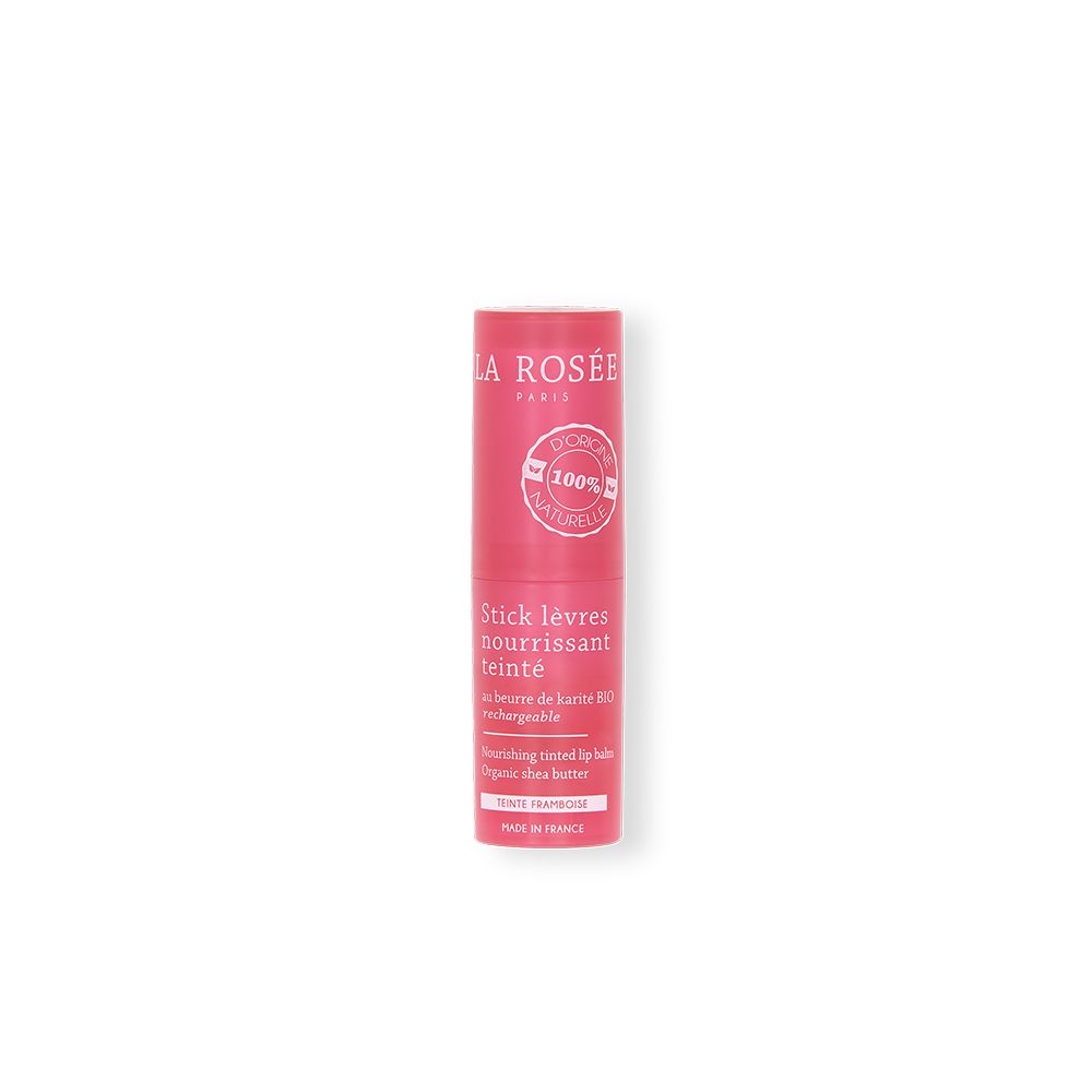 Stick lèvres nourrissant teinté rose. Inscription: LA ROSÉE, 100% naturelle, rechargeable.