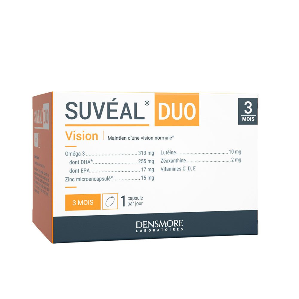 Boîte Suvéal DUO, 90 capsules, 3 mois. Inscription : Vision, Oméga 3, Zinc, Lutéine, Zéaxanthine, Vitamines.