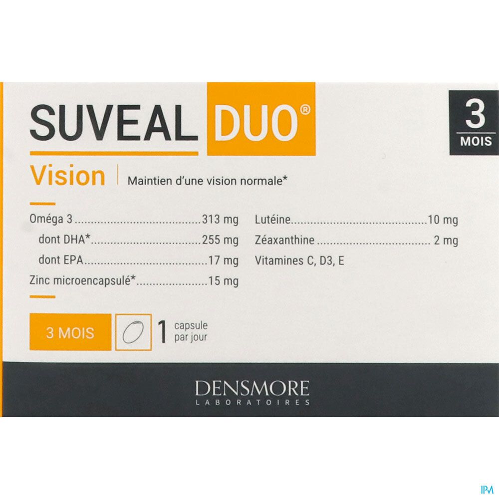 Gros plan sur l'emballage Suvéal DUO. 90 capsules, 3 mois. Inscription : Vision, Oméga 3, Zinc, Lutéine, Zéaxanthine, Vitamines.
