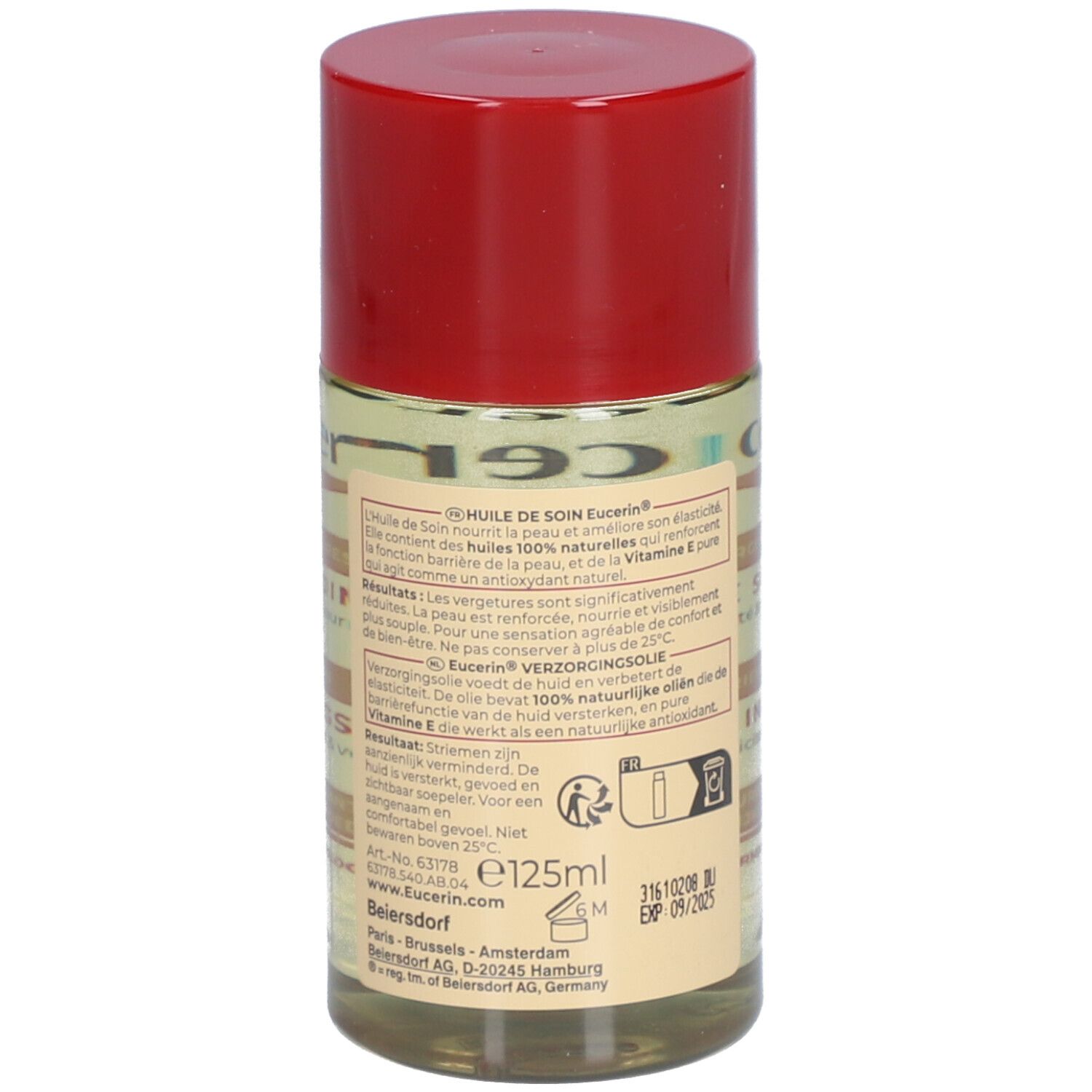Flacon d'huile Eucerin avec bouchon rouge. Vue arrière avec texte. Informations et ingrédients du produit.