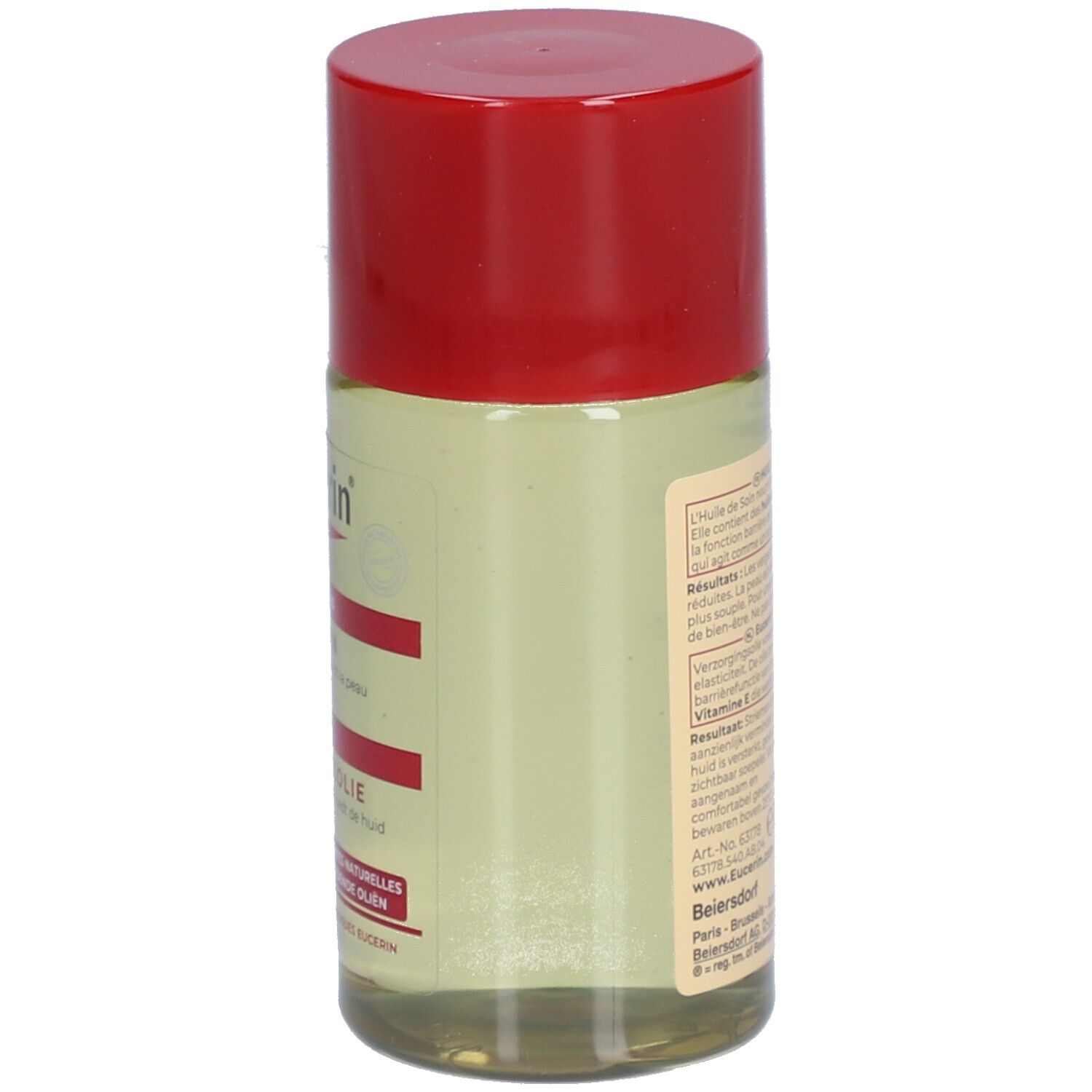 Flacon d'huile Eucerin avec bouchon rouge. Vue latérale avec étiquette. Texte et informations produit.