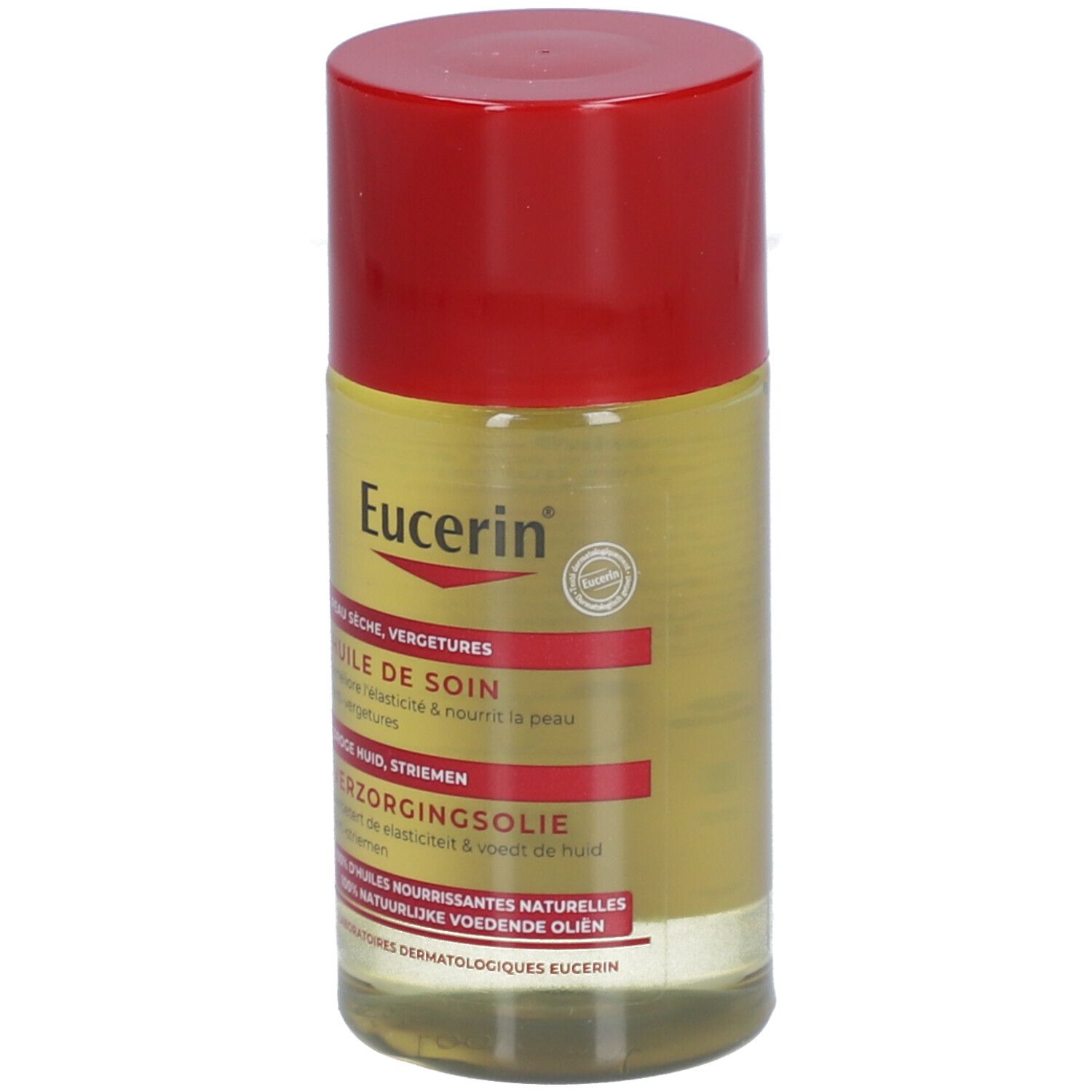 Flacon d'huile Eucerin avec bouchon rouge. Étiquette avec informations produit. Inscriptions visibles.