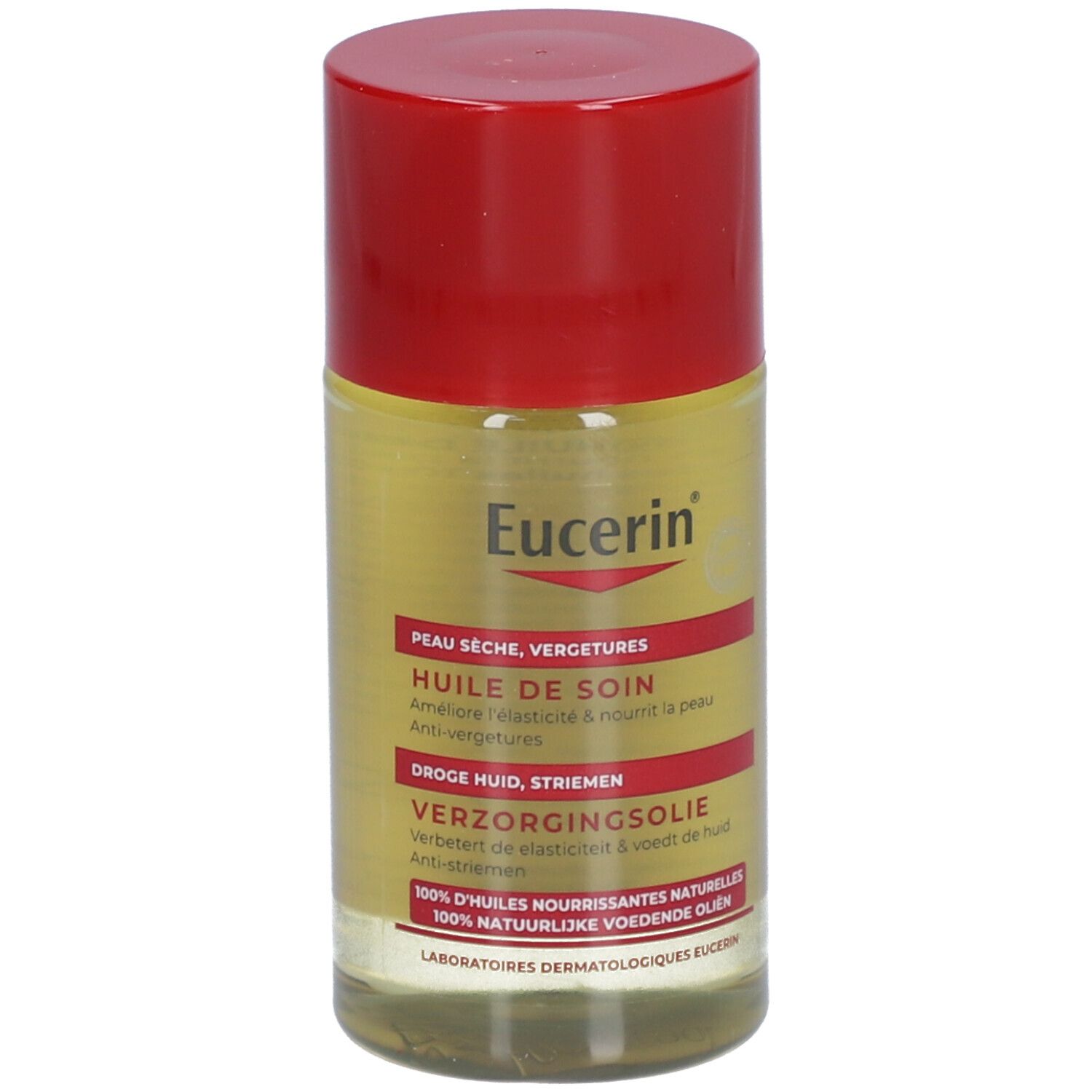 Flacon d'huile Eucerin avec bouchon rouge. Étiquette avec informations produit. Inscriptions visibles.
