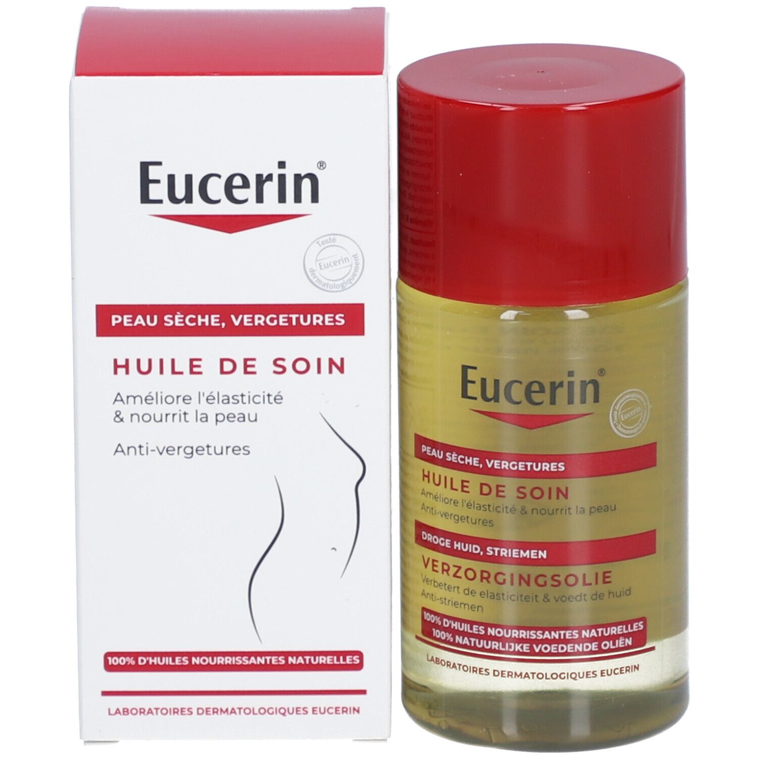 Flacon et emballage d'huile Eucerin. Bouchon rouge, emballage blanc. Informations produit.