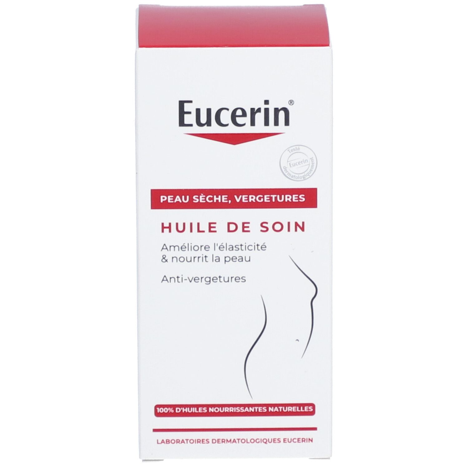 Emballage d'huile Eucerin. Boîte blanche avec couvercle rouge. Informations produit et logo.