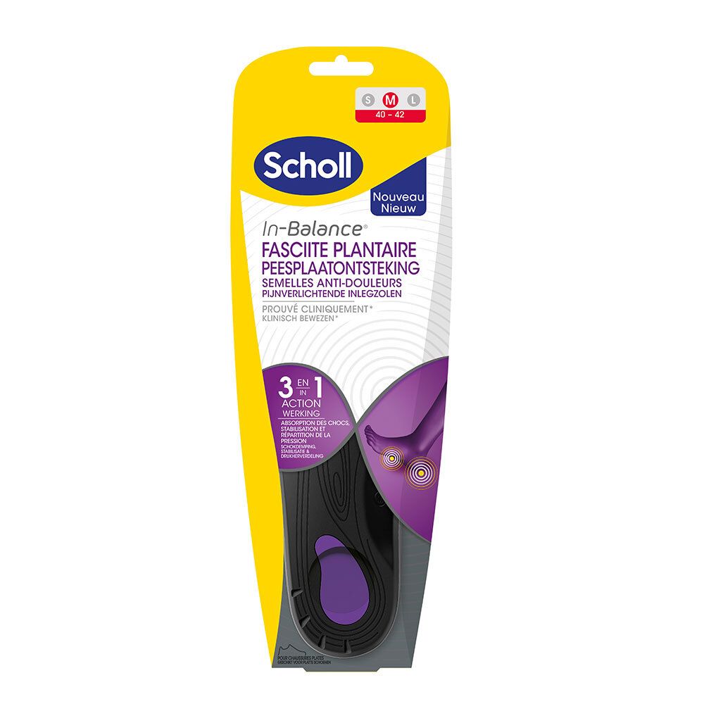 Emballage Scholl In-Balance®. Semelles orthopédiques. Taille 40-42. Texte en plusieurs langues. Fond jaune et blanc.