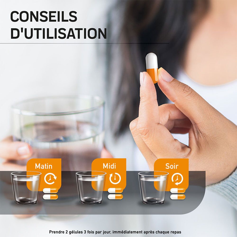 Personne tenant une gélule et un verre d'eau. Instructions : 2 gélules 3x par jour.