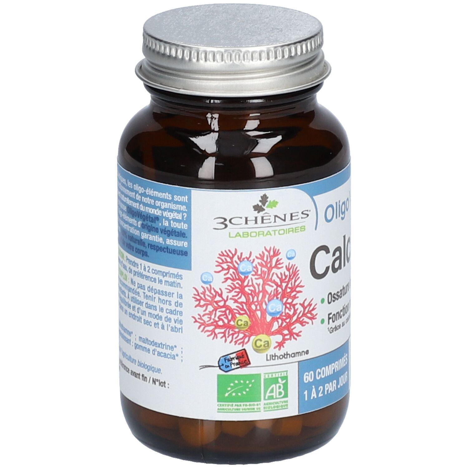 Flacon en verre brun, bouchon argenté. Étiquette : Oligo Végétal Calcium bio. 60 comprimés.