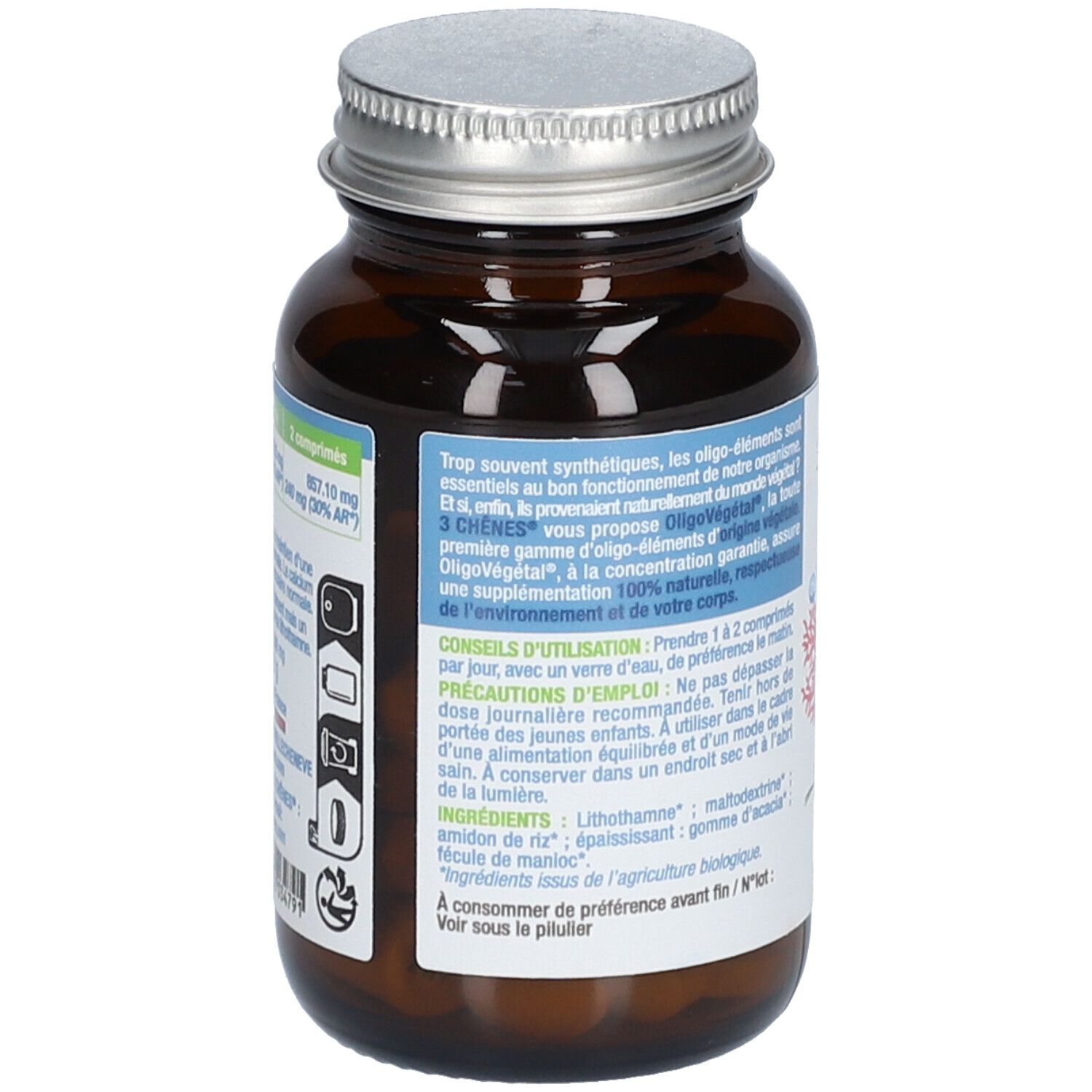 Flacon en verre brun, bouchon argenté. Dos avec texte. Étiquette : Oligo Végétal Calcium bio.