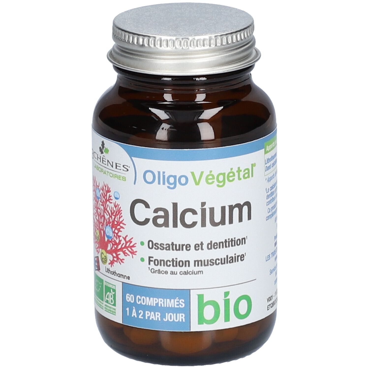 Flacon en verre brun, bouchon argenté. Étiquette : Oligo Végétal Calcium bio. 60 comprimés.