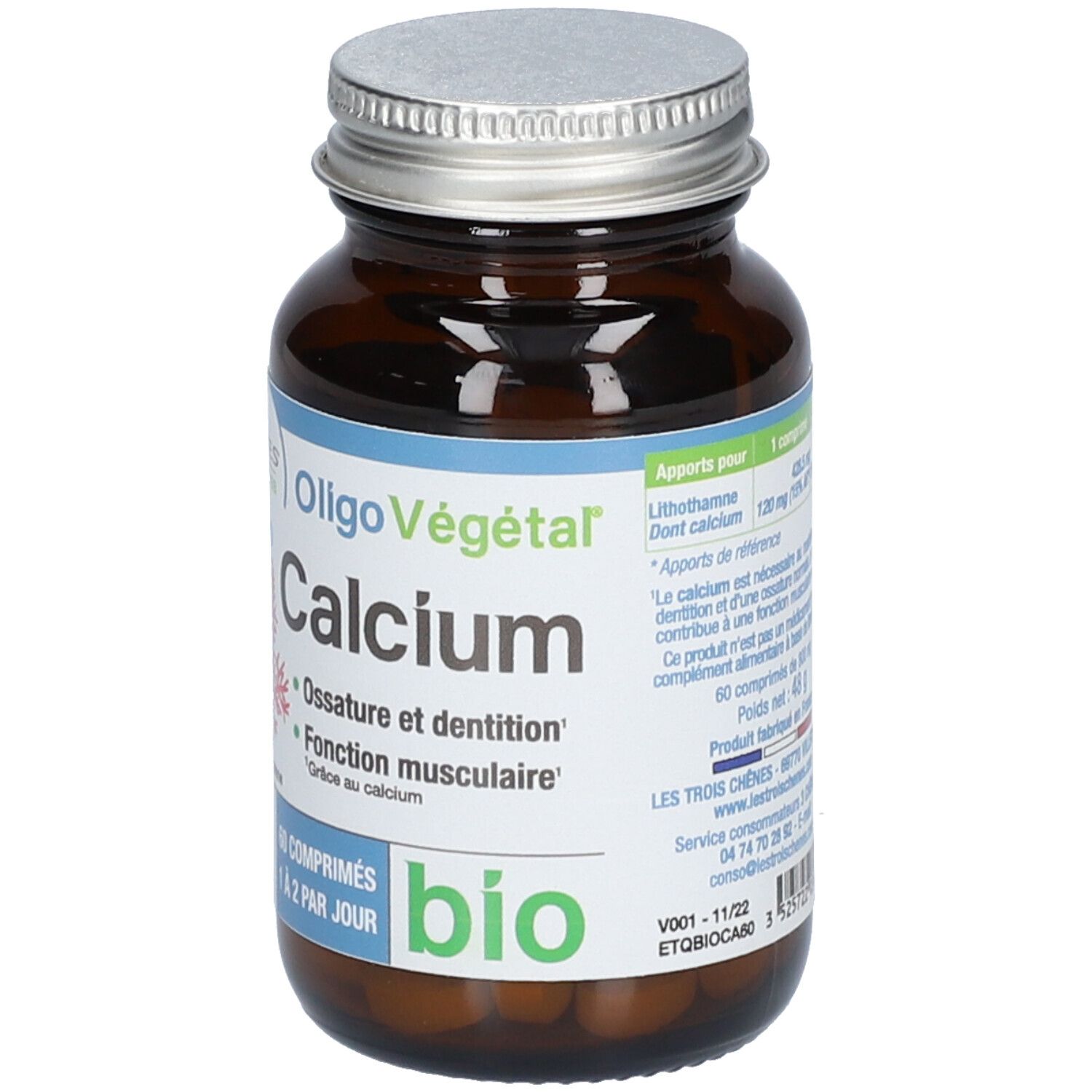 Flacon en verre brun, bouchon argenté. Étiquette : Oligo Végétal Calcium bio. 60 comprimés.