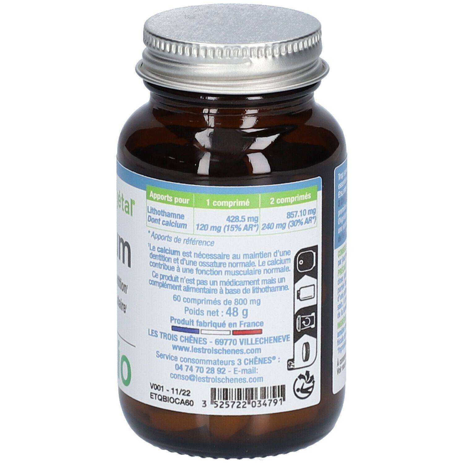 Flacon en verre brun, bouchon argenté. Étiquette : Oligo Végétal Calcium bio. 60 comprimés.