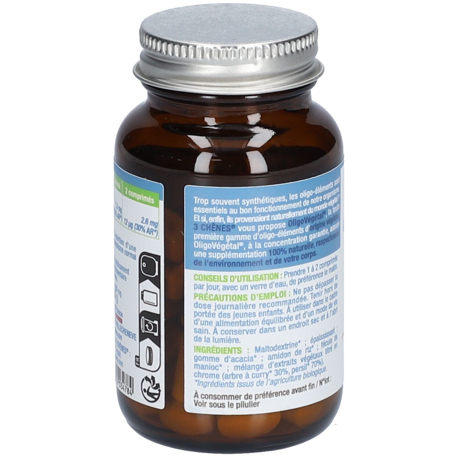 Dos d'un flacon en verre brun. Étiquette avec ingrédients, conseils d'utilisation et certification bio.
